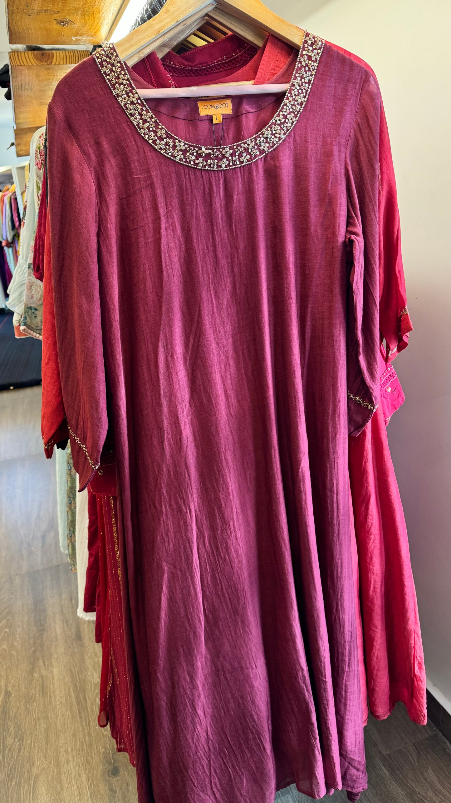 Maroon mul chanderi overlap neck with golden floral work