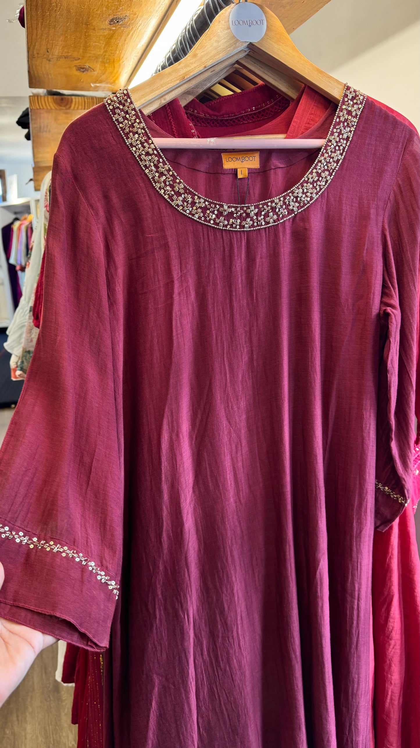 Maroon mul chanderi round neck dress white embroidered work on neck line