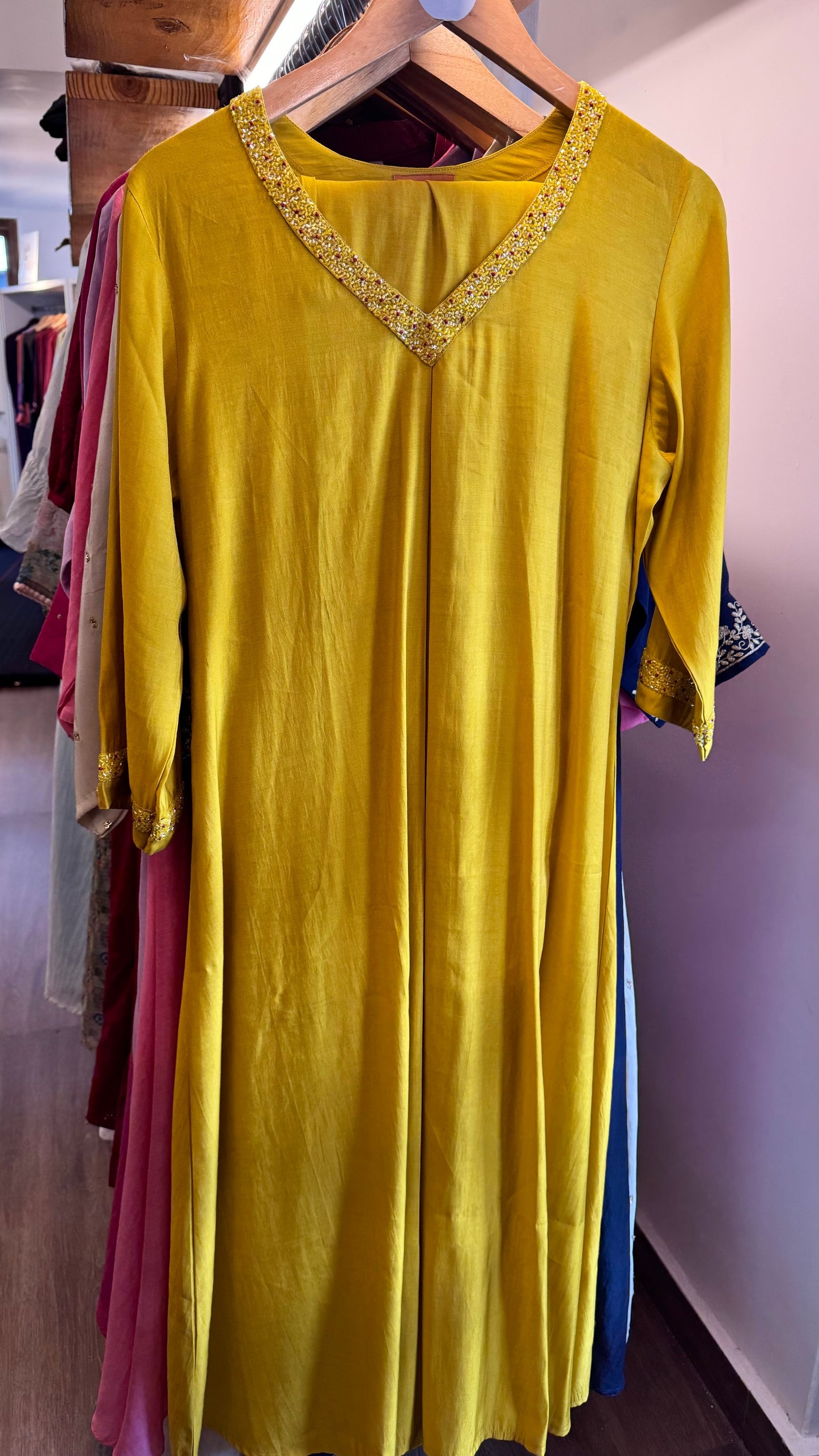 Mustard yellow with red and yellow sequin work on neckline top with pants set