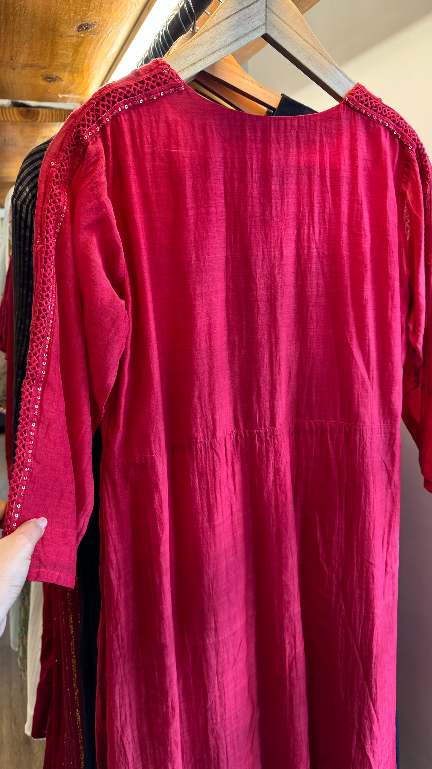 Red mul chanderi v neck dress with lace work on yoke