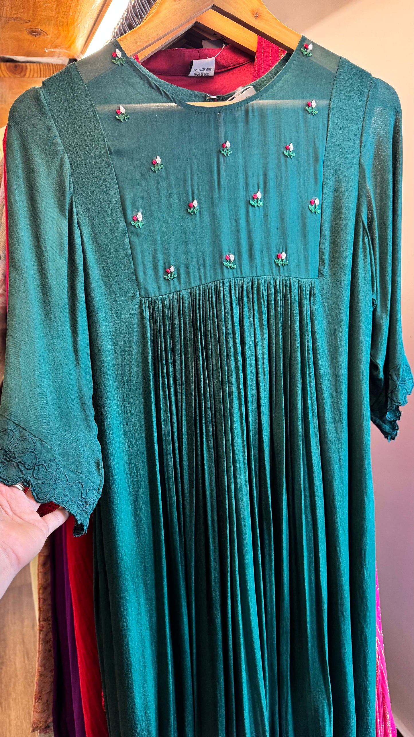 green crepe Georgette dress with red and white embroidery and scallop on sleeve ends, chest size 38 ready