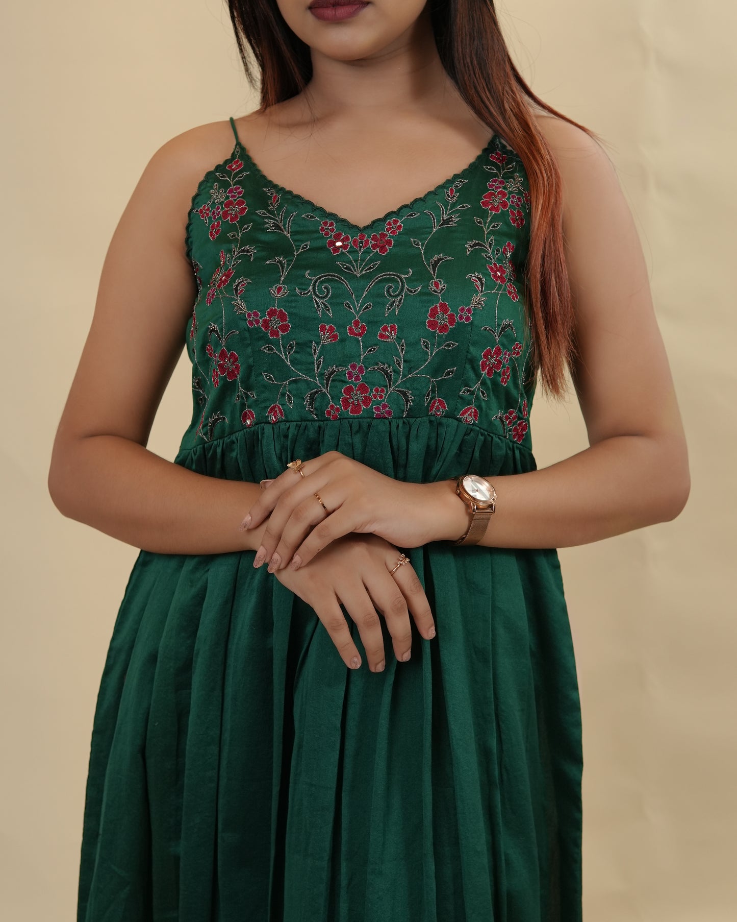 Dark green strap dress with emroidered yoke