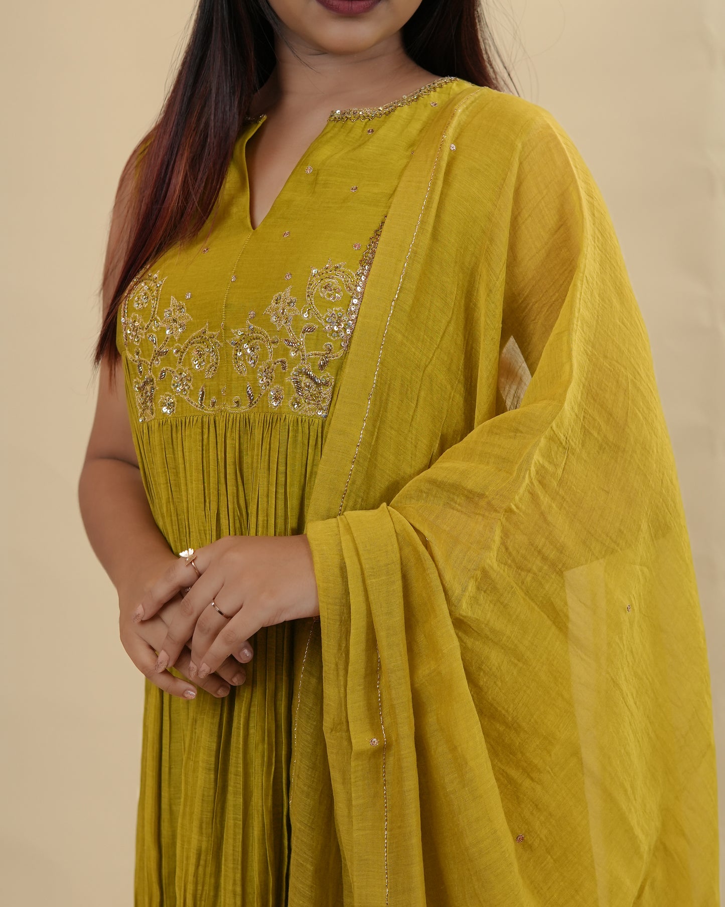 Green rectangle yoke dress with dupatta