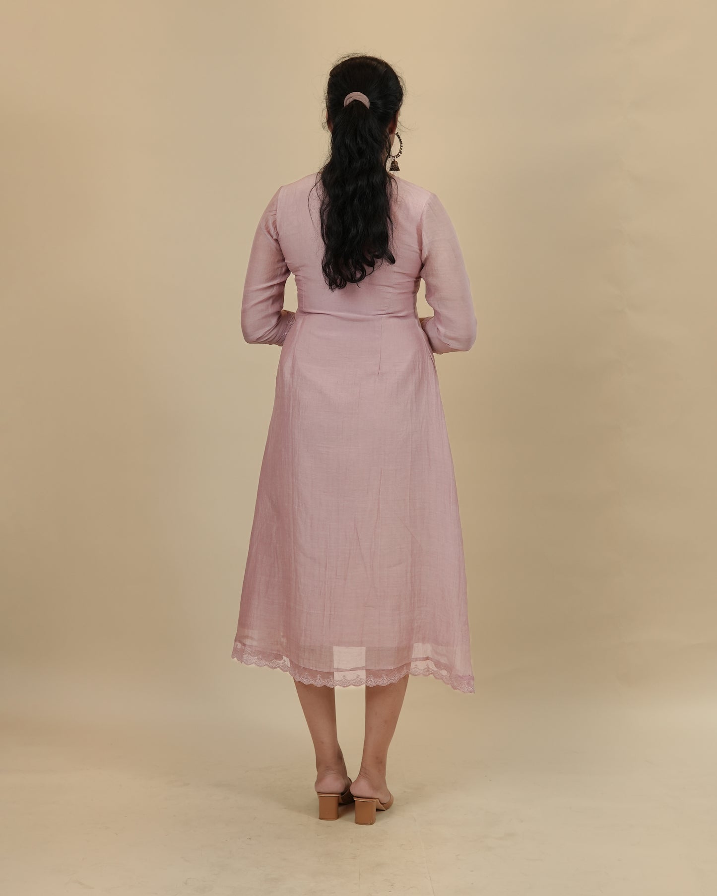 Mauve chanderi dress with lace