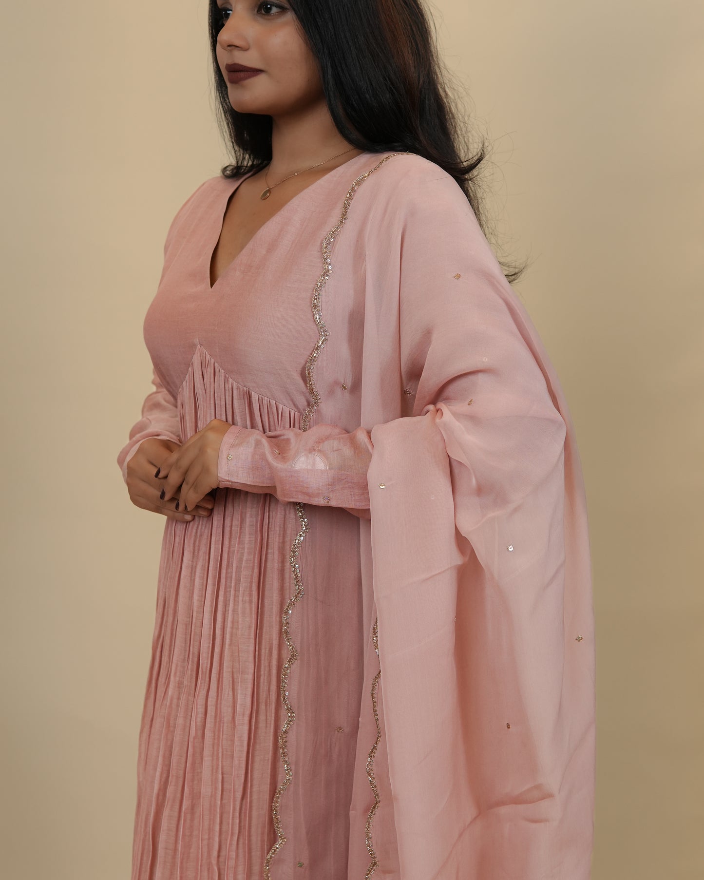Elegant Pink Pleated Anarkali Dress with Dupatta