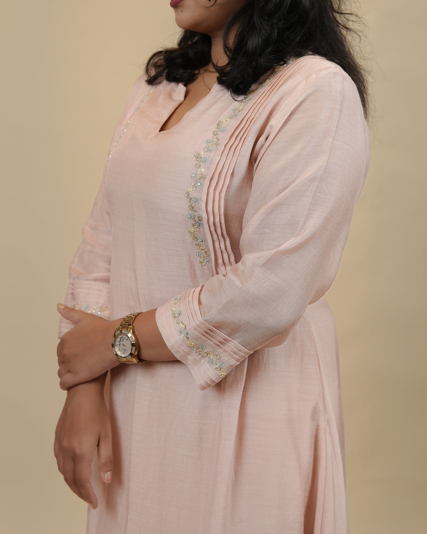 Light Pastel pink dress with silver thread embroidery