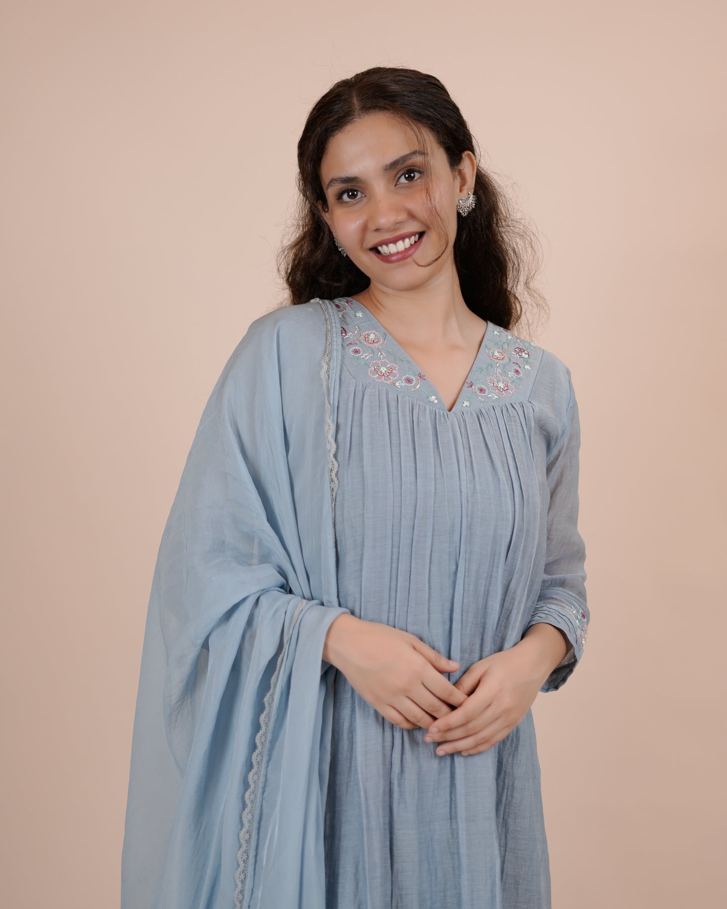Elegant Blue Chanderi Dress with Embroidery