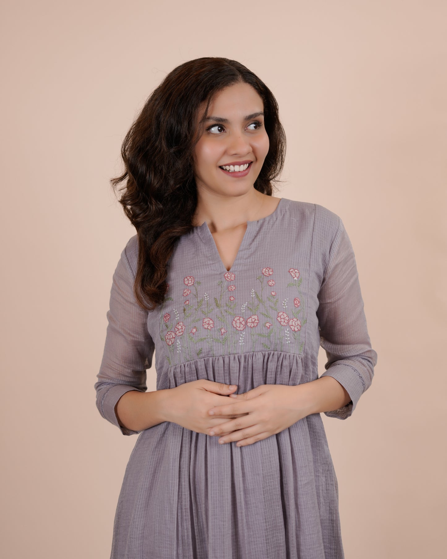 Lavender soft kota Embroidered Midi Dress
