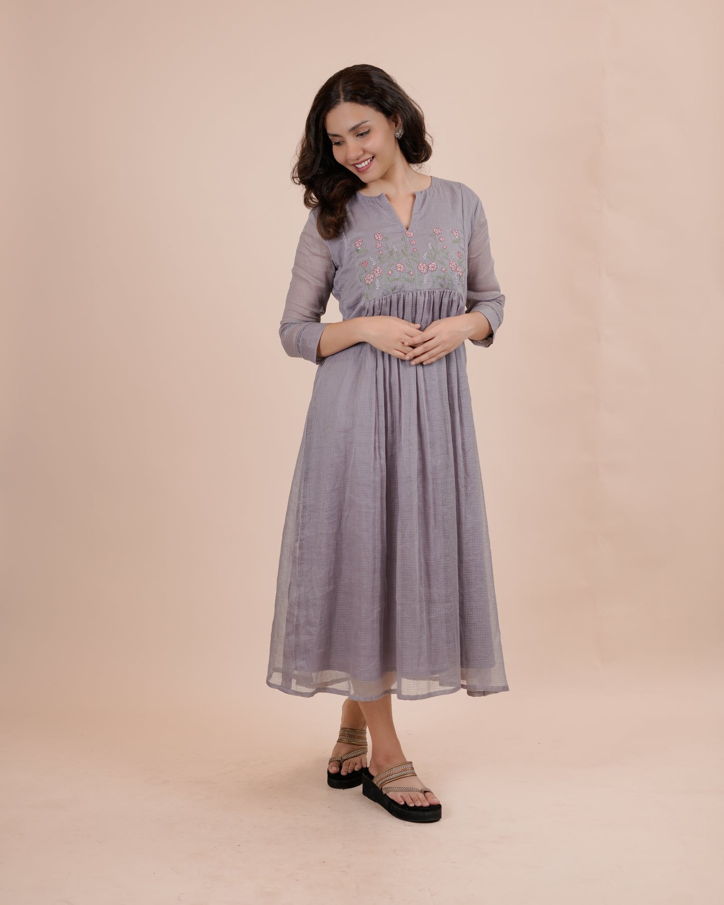 Lavender soft kota Embroidered Midi Dress