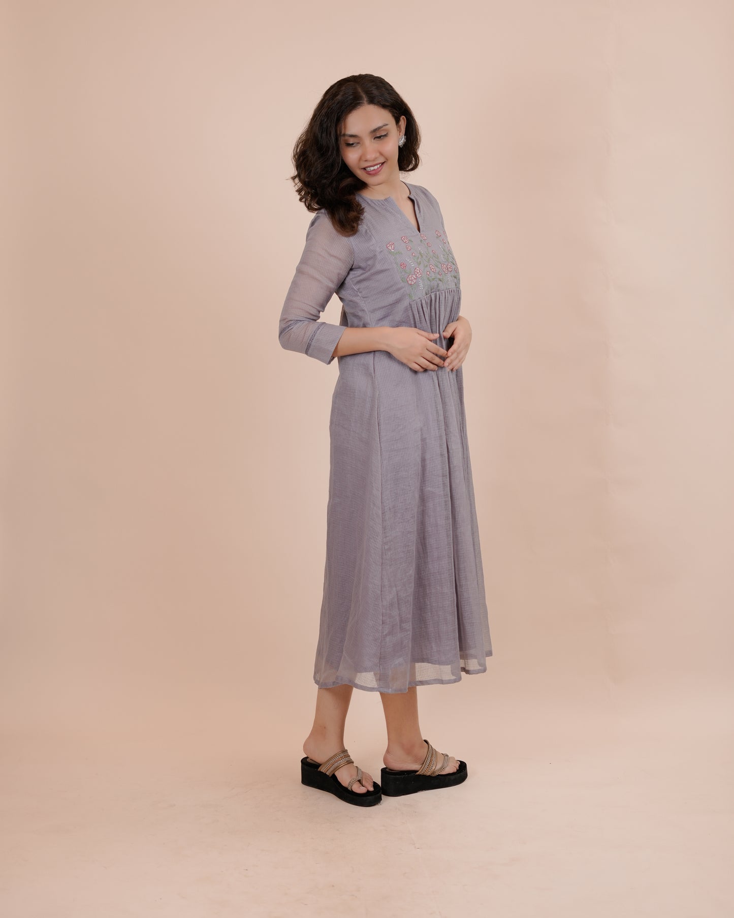 Lavender soft kota Embroidered Midi Dress
