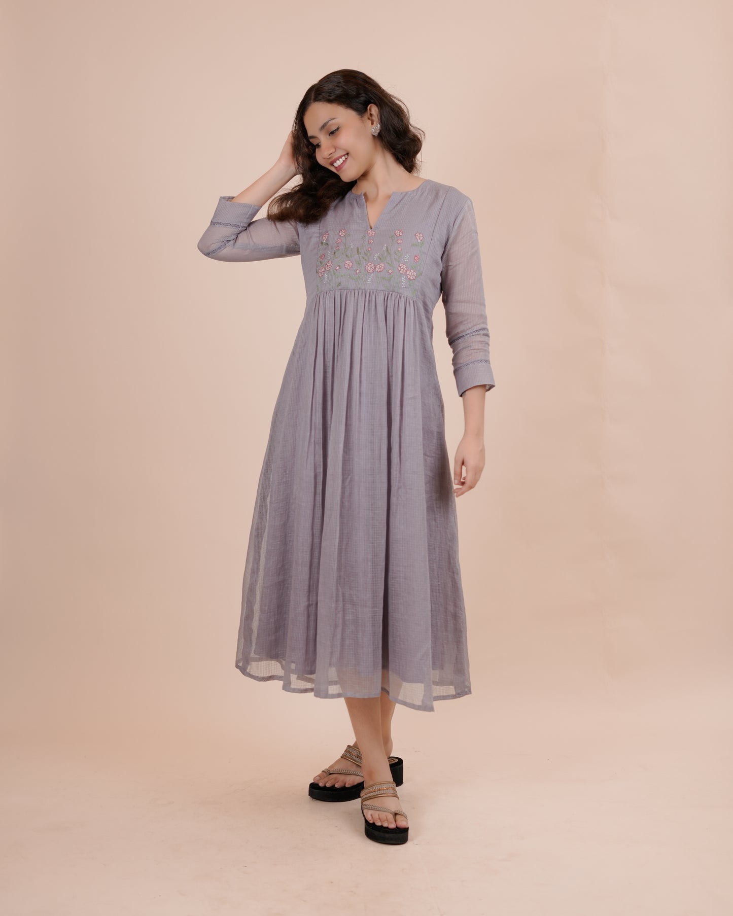 Lavender soft kota Embroidered Midi Dress