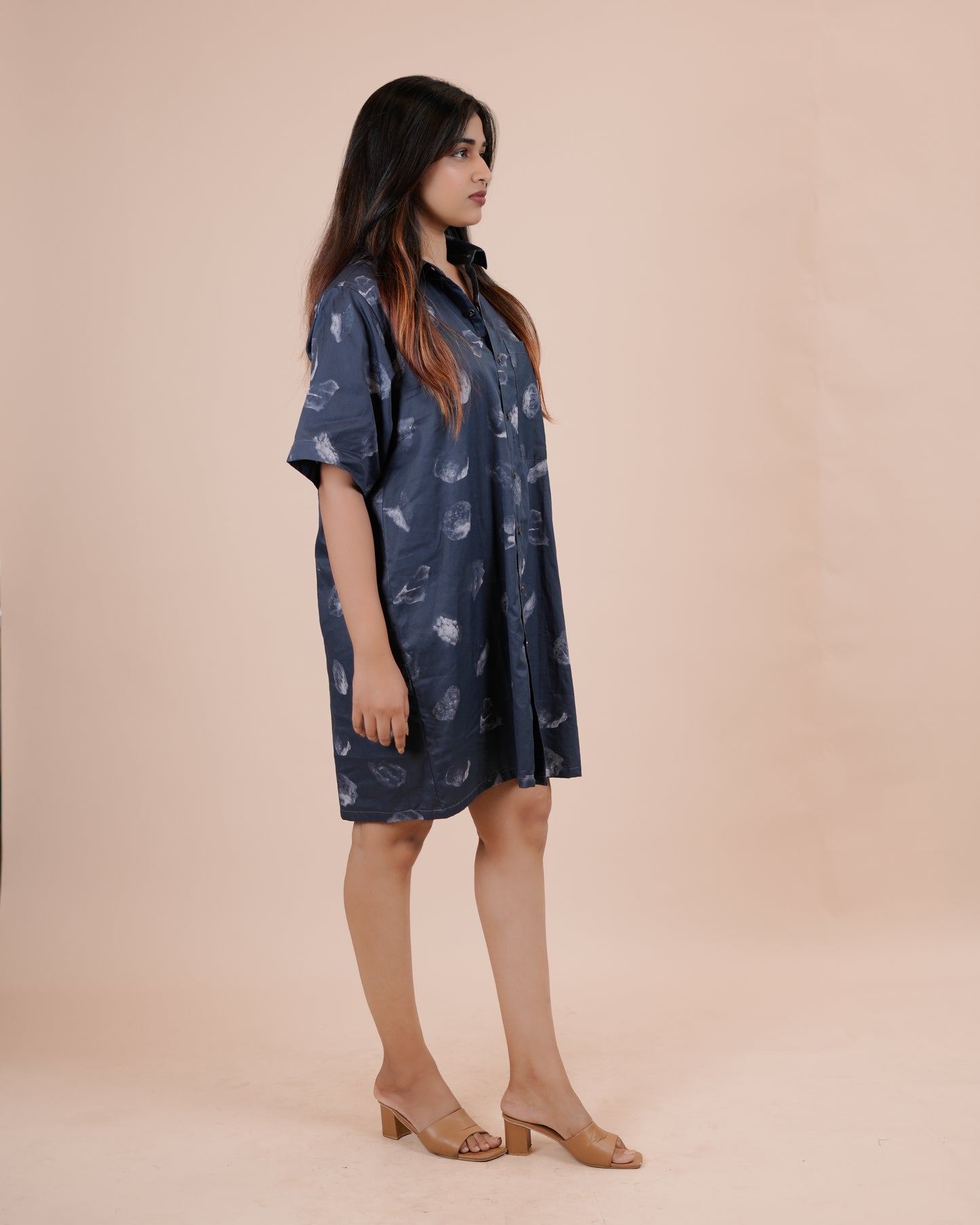 Navy Floral Print Oversized Shirt Dress