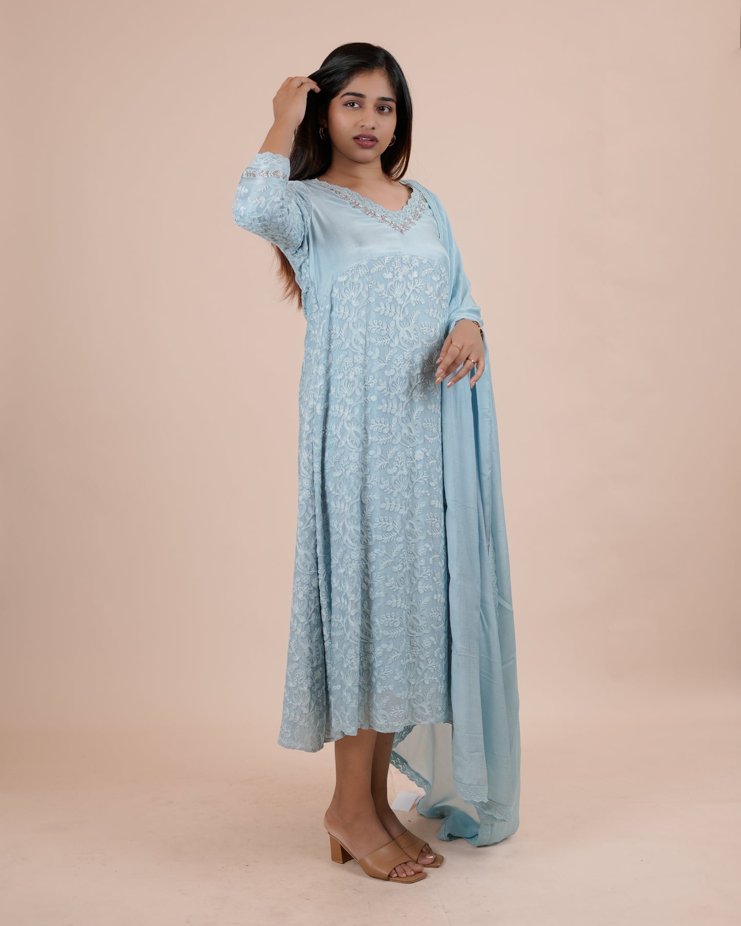 Elegant Pastel blue embroidered dress