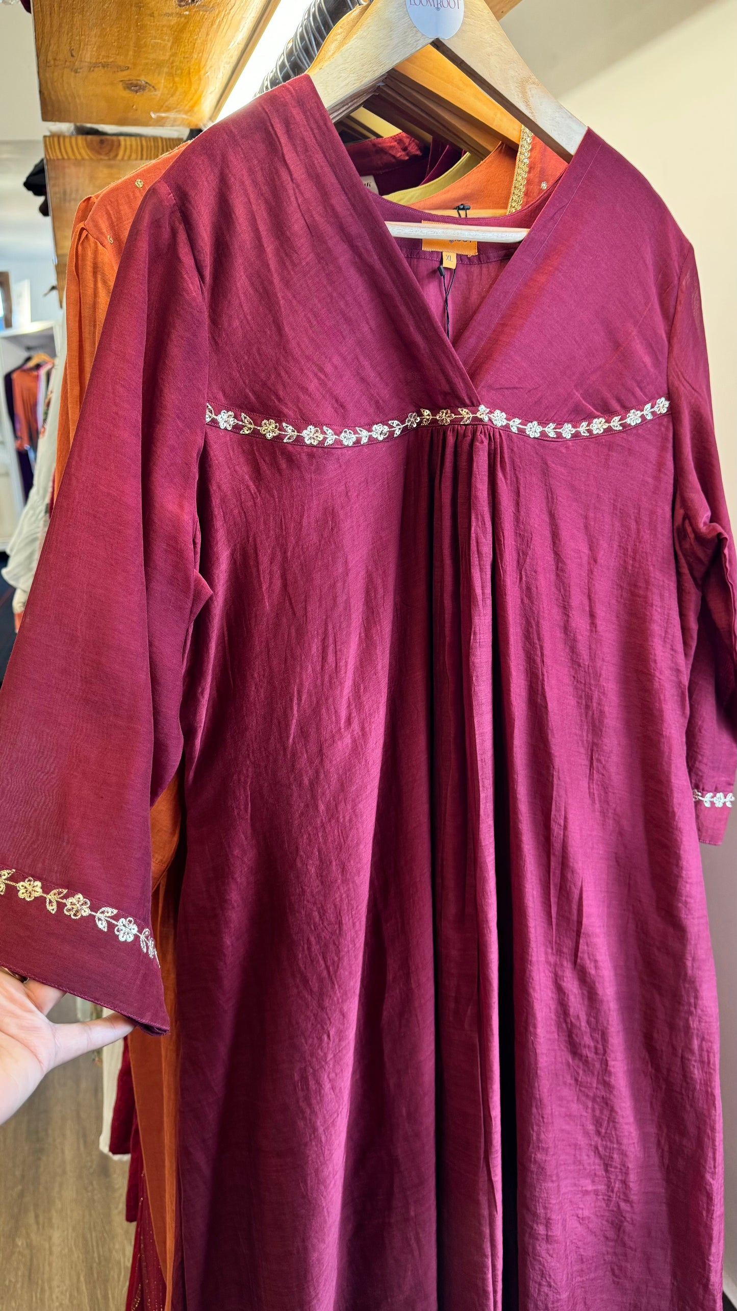 Maroon hand woven mul chanderi overlap dress with golden floral embroidery