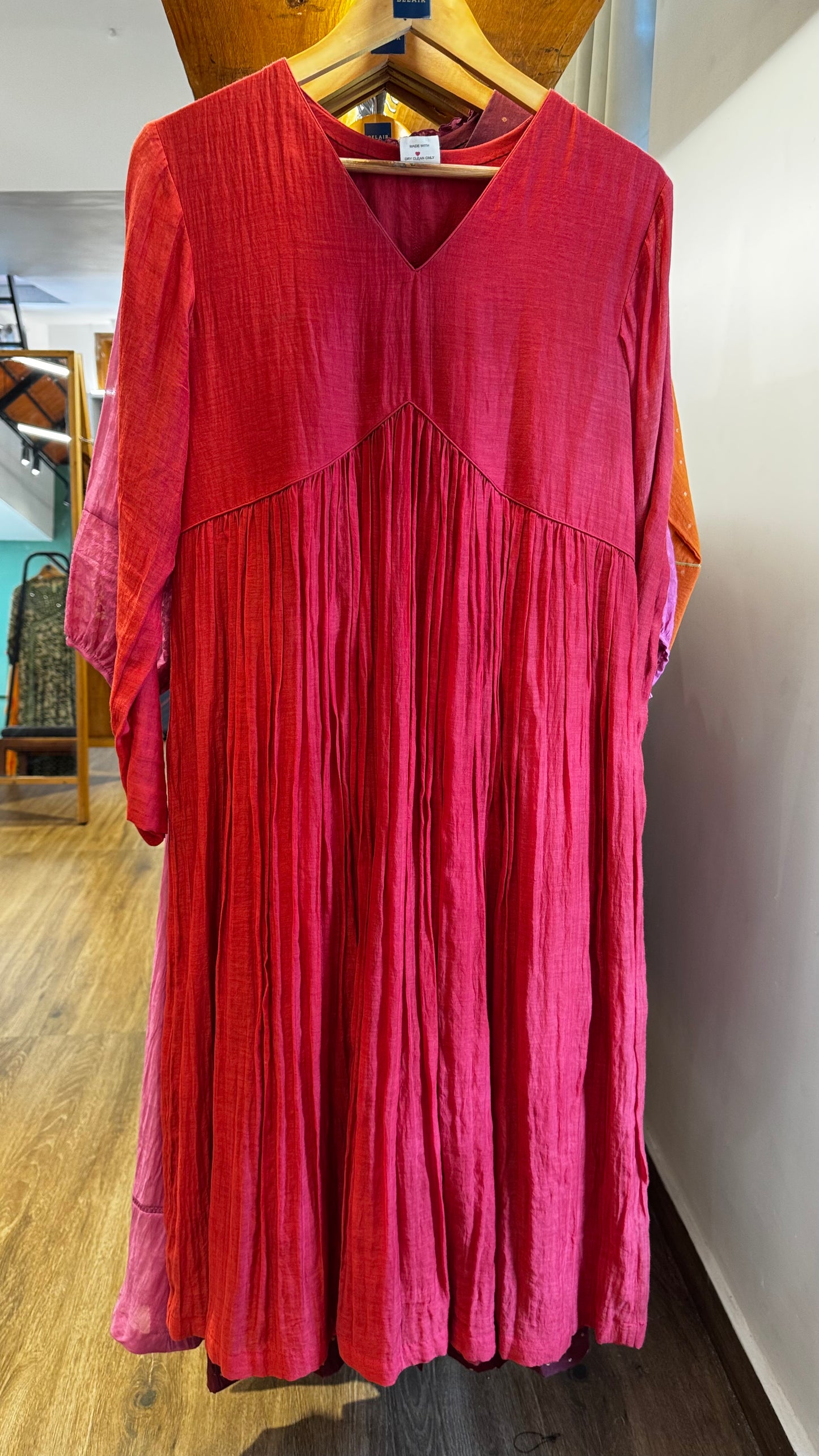 Red chanderi full sleeves dress with aliacut size-40