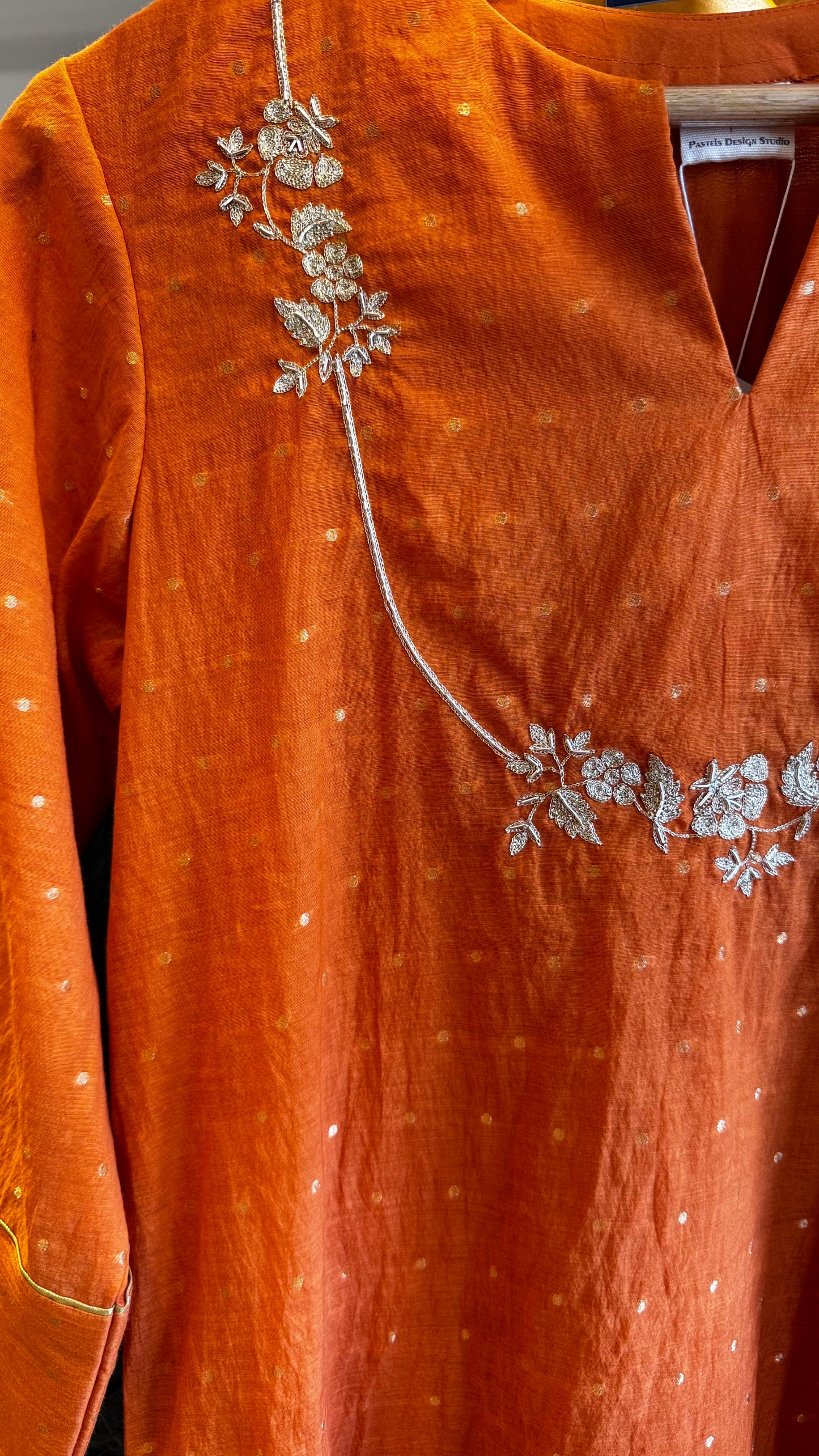 Orange chanderi dress with handwork on yoke size-38