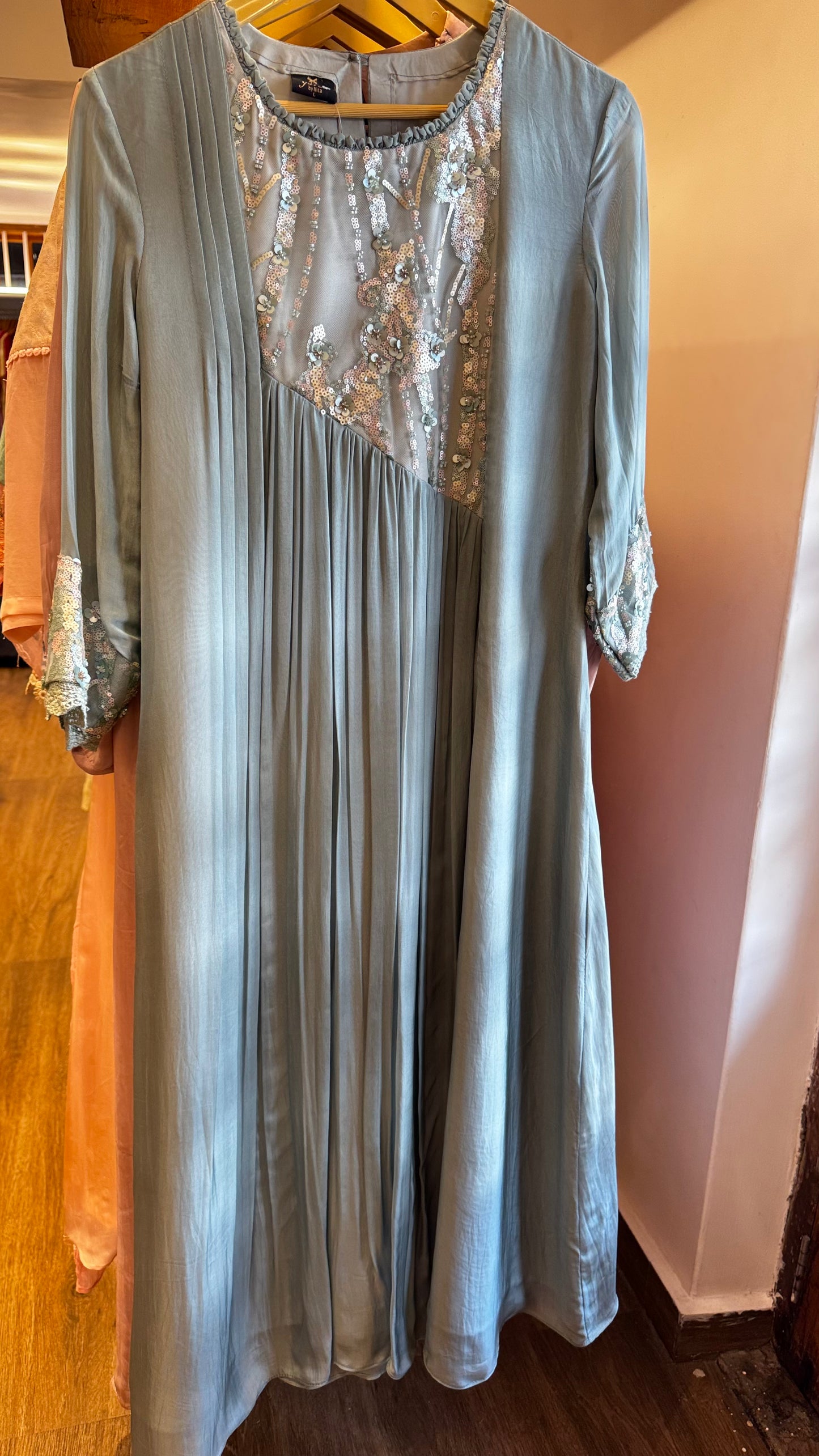 Sage green silver or white embroidery and sequin work with three quarter sleeve dress size L