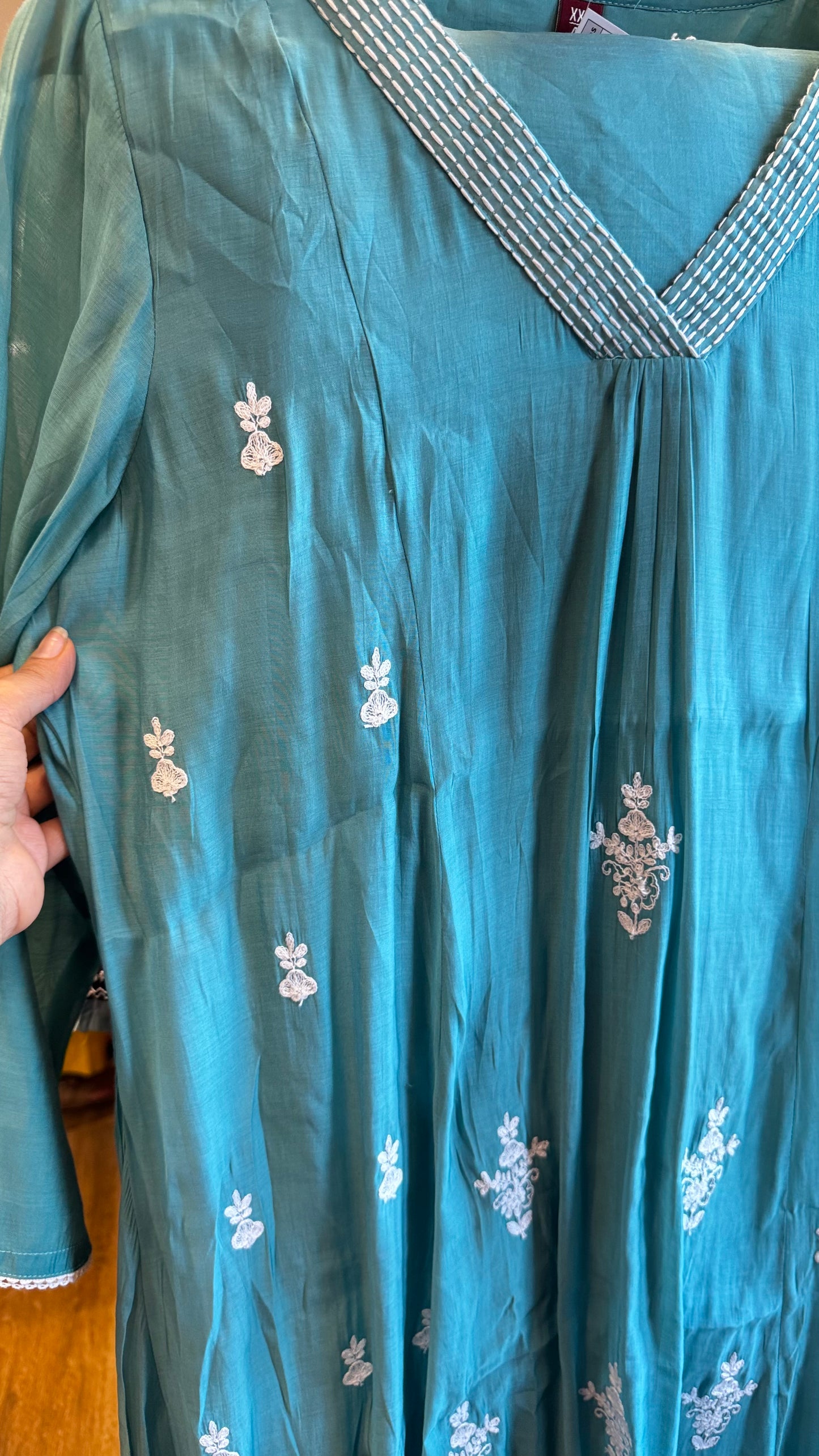 teal light blue cotton white thread embroidered 3 pcs full set size XXL