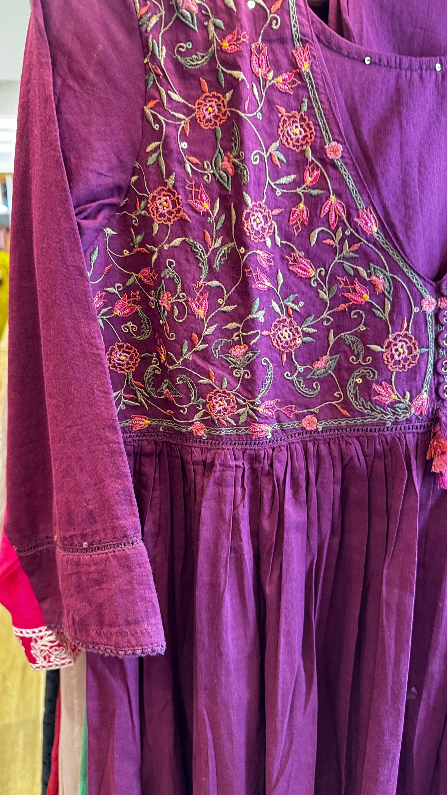 Deep maroon cotton v neckline and Floral embroidery dress with pants size S, L