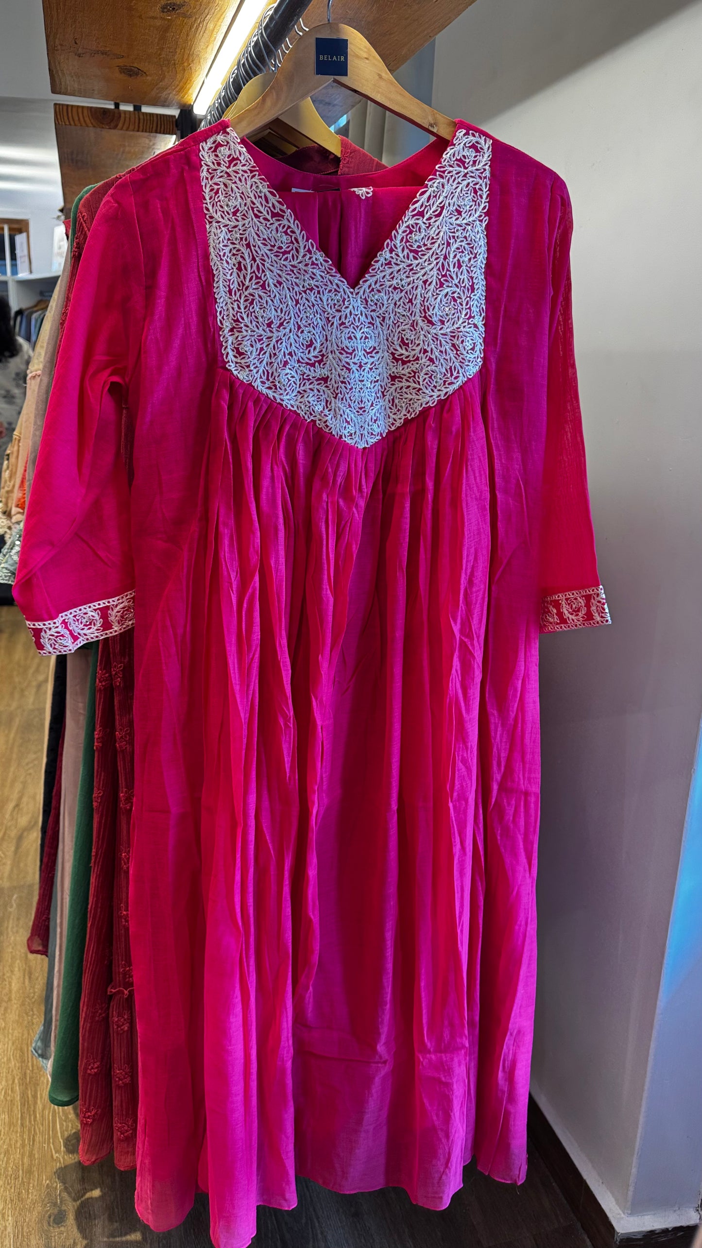 pink cotton anarkali white thread work on the yoke dress with full set top size XL, 2XL ₹3780