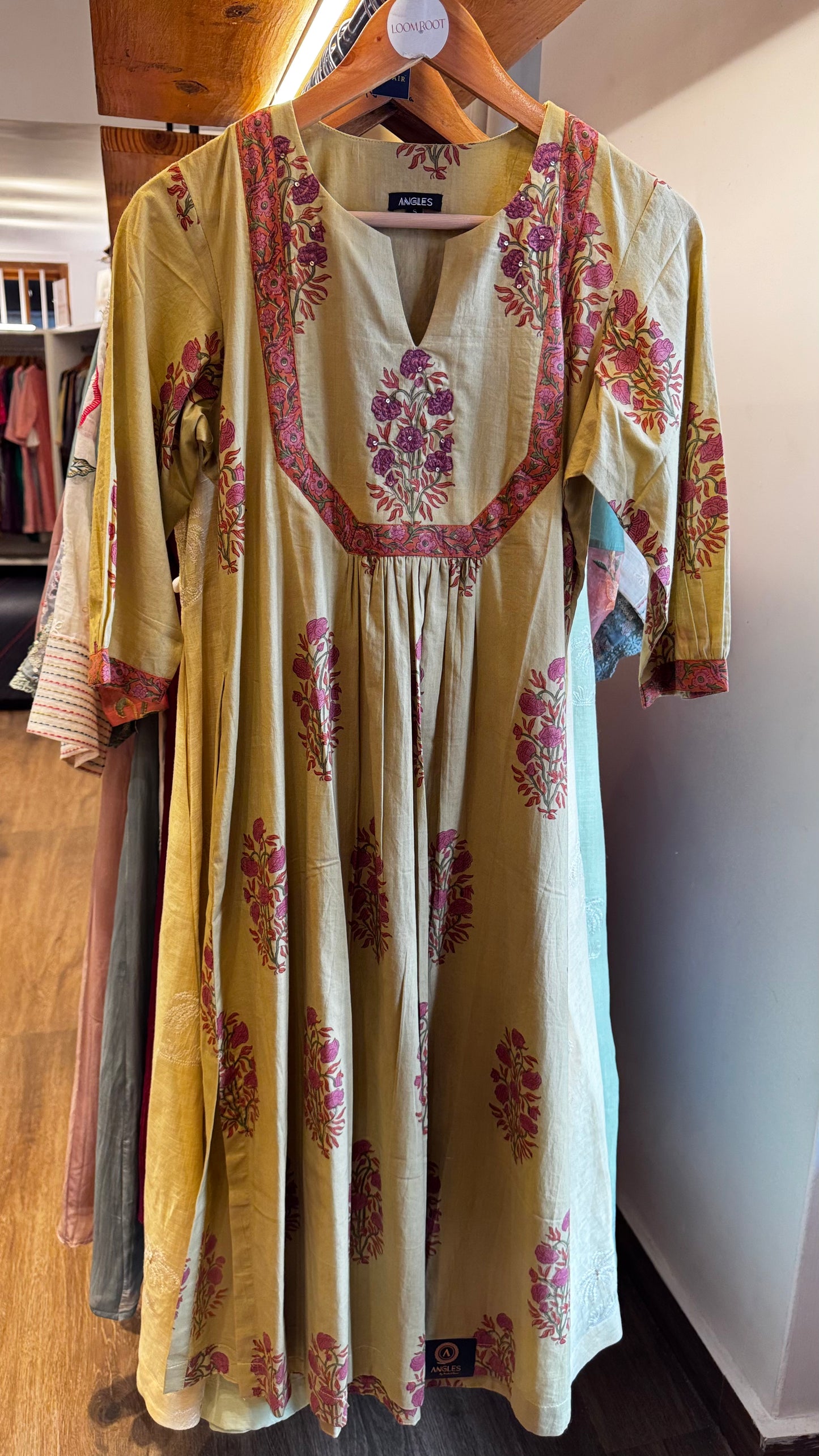 cardamom green with pink floral cotton dress size M (38)