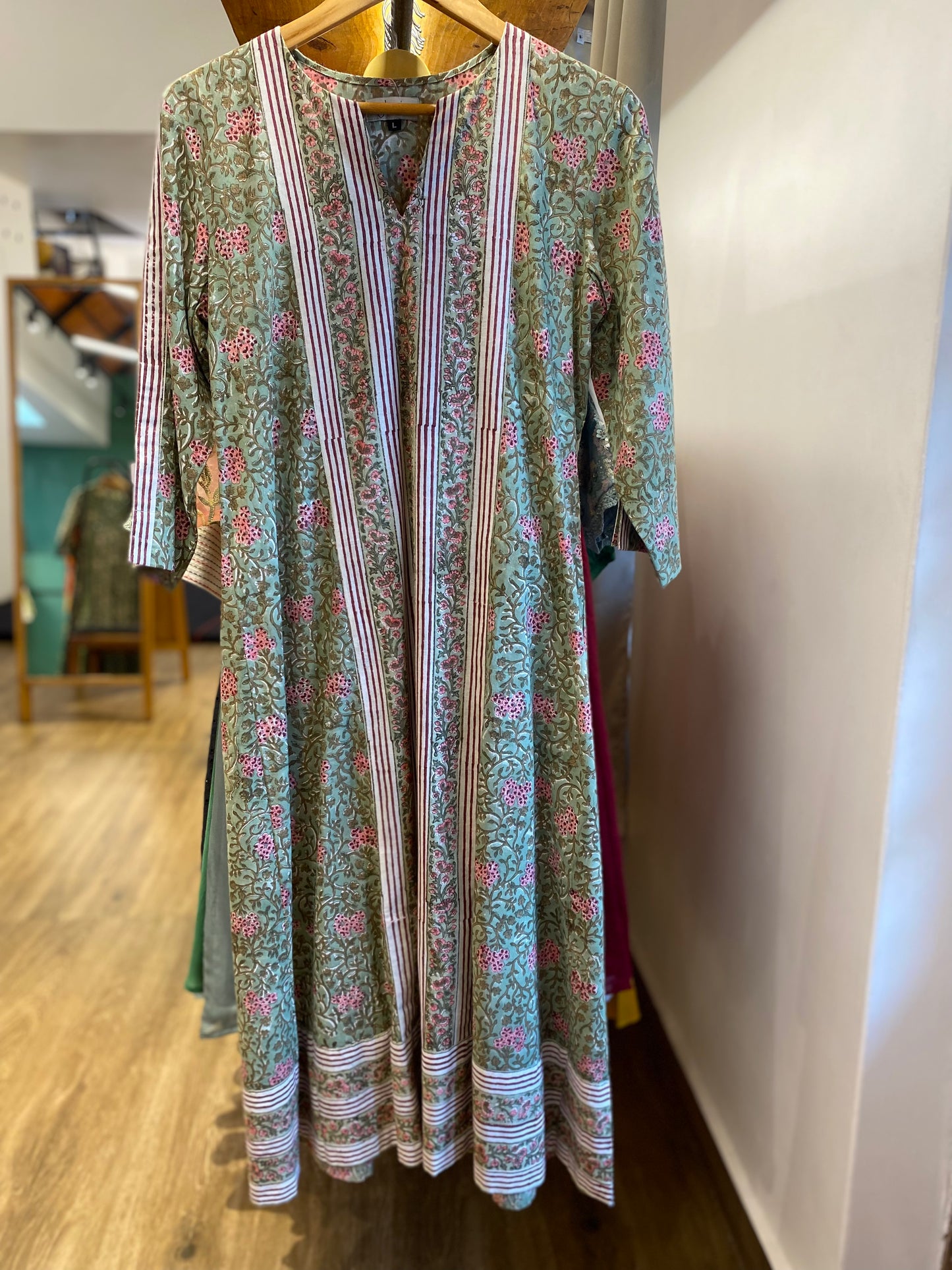 Green with pink printed round v neck cotton dress size -L