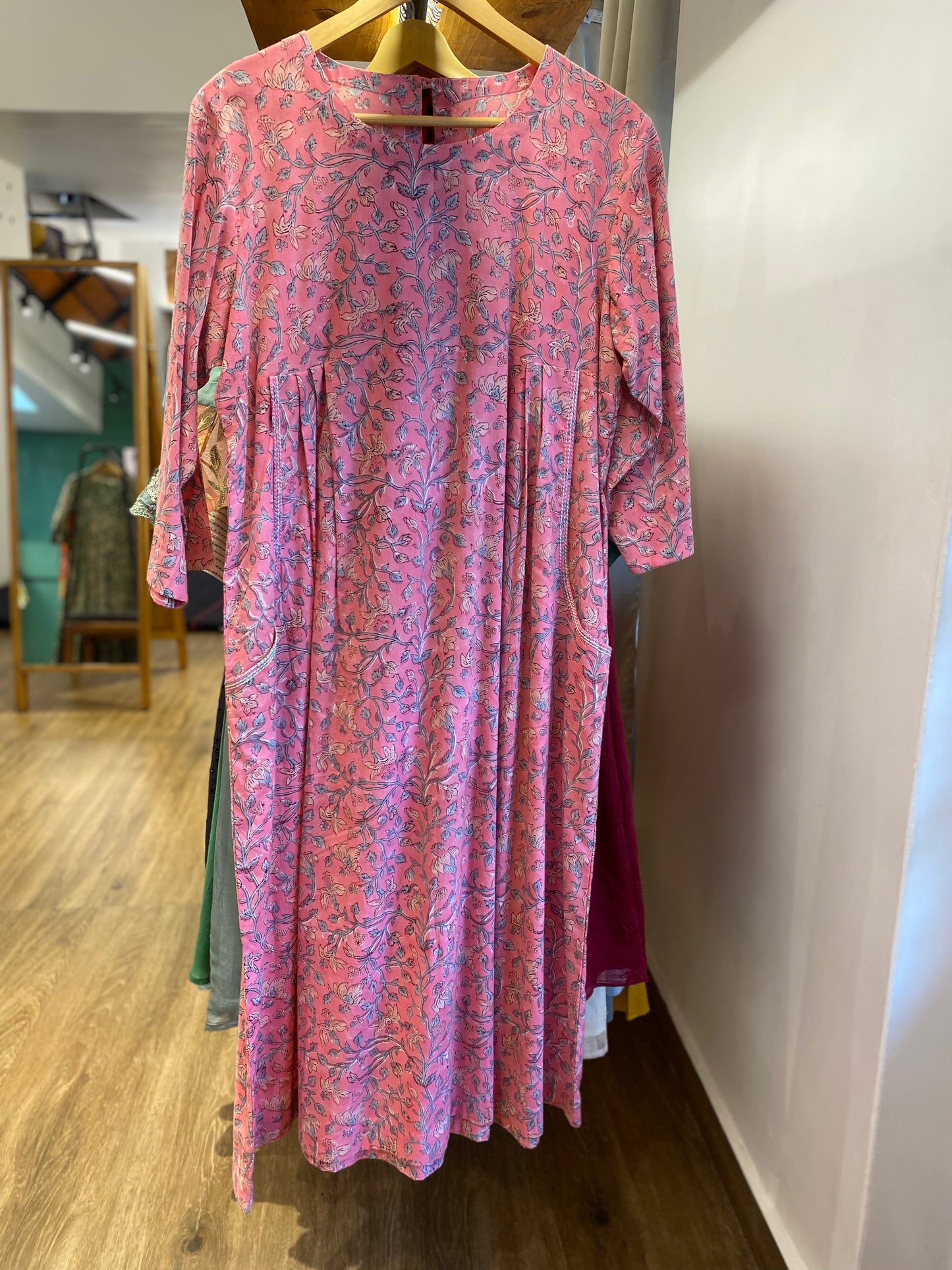 Pink floral printed cotton round neck dress size -XXL