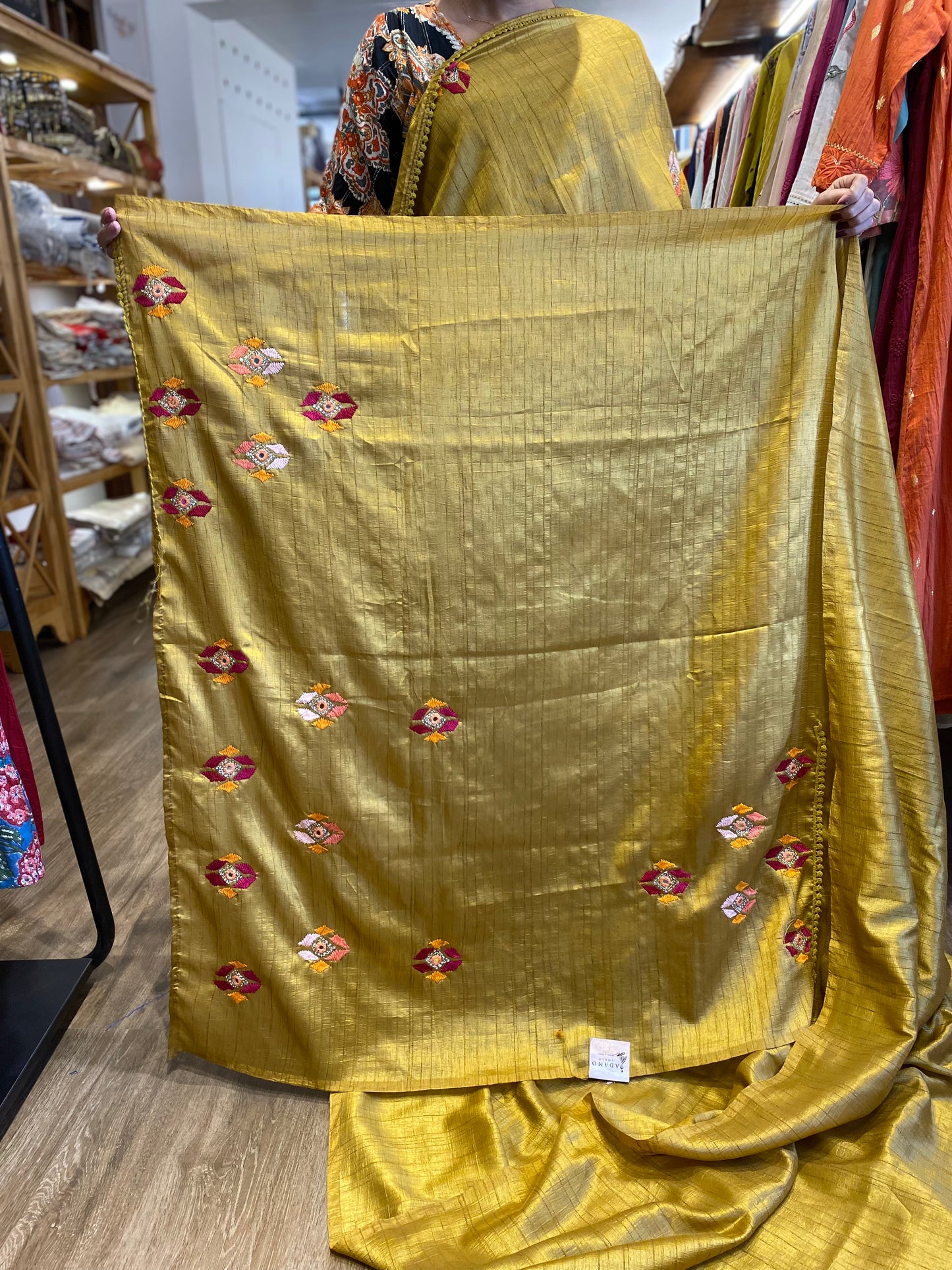 Golden yellow Tussar silk saree with heavy handwork embroidery all over & heavy pallu with mirror work