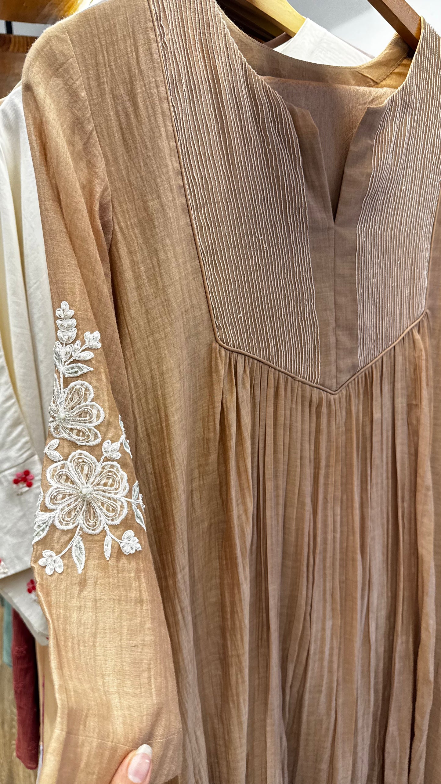 Beige Chanderi round neckline with three quarter sleeves white floral embroidery top, pants size 40
