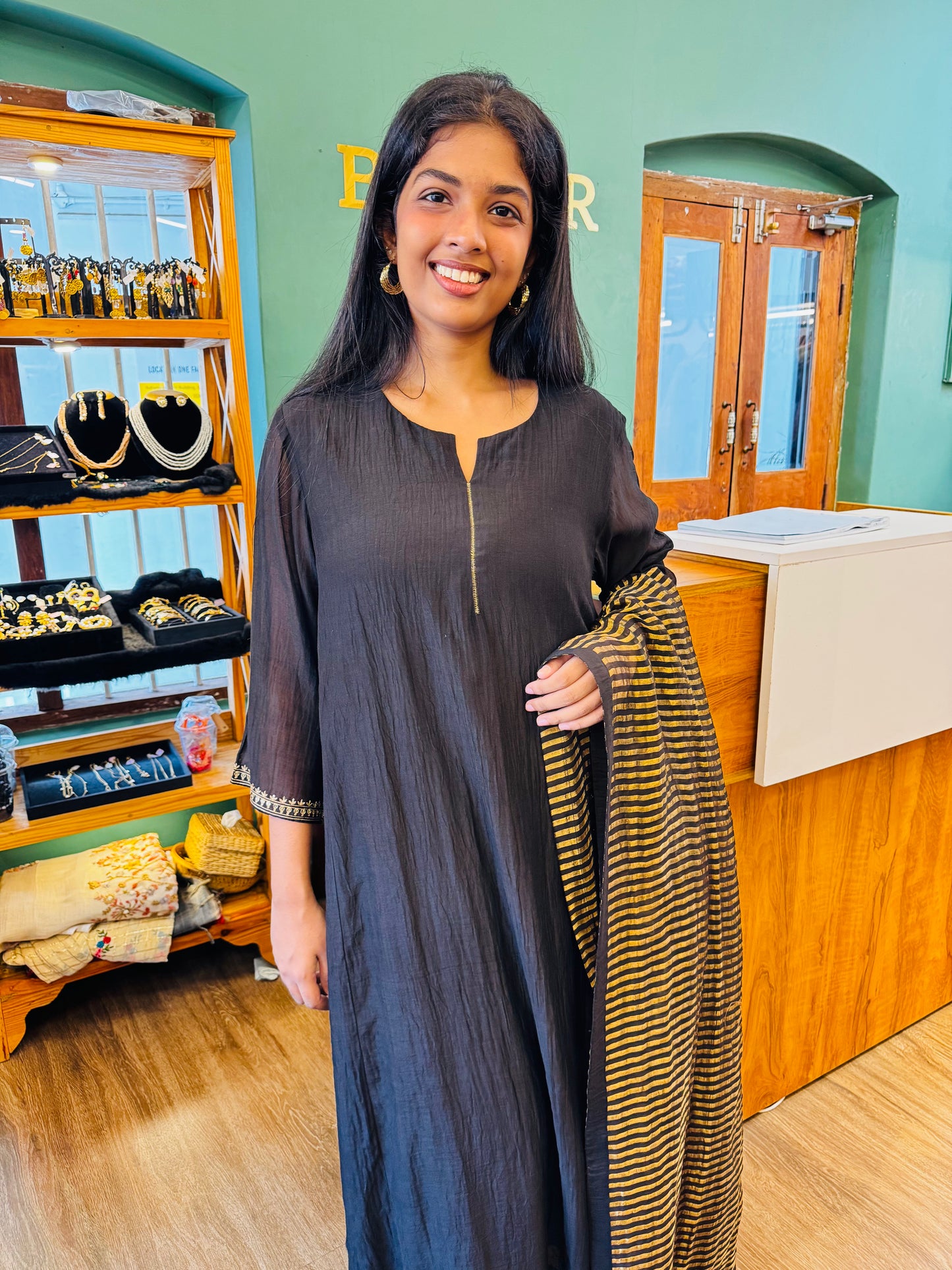 Black & gold chanderi top, pant, dupatta set