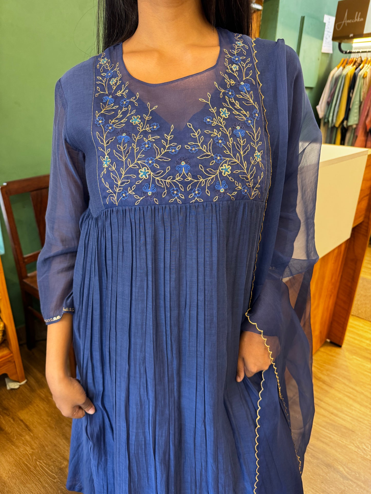 Dark Blue Chanderi embroidered organza yoke top, pant, dupatta , full set