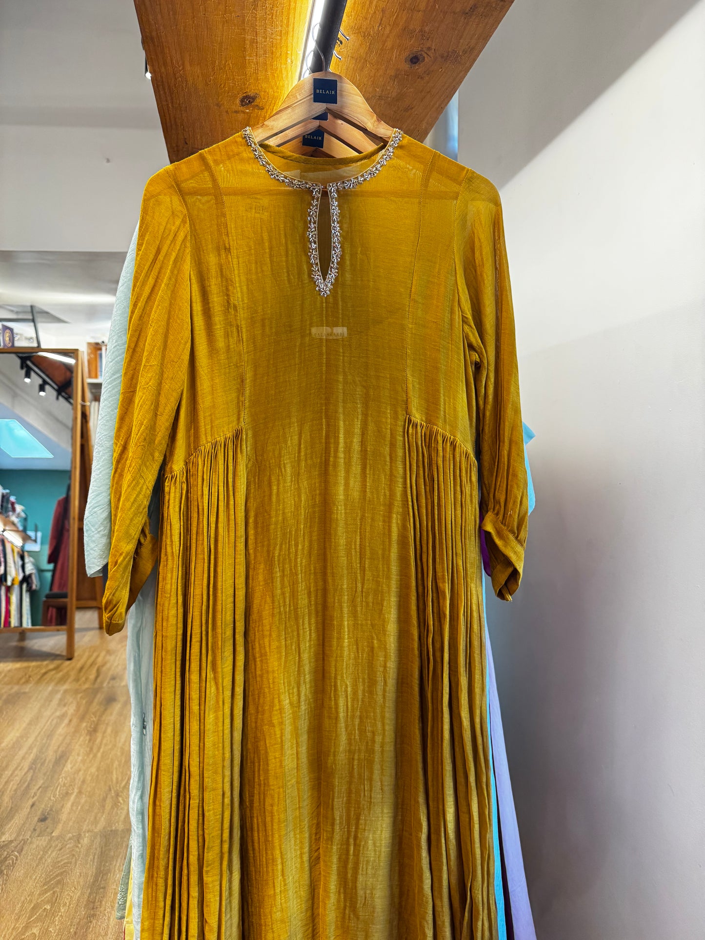 Mustard yellow chanderi embroidered dress