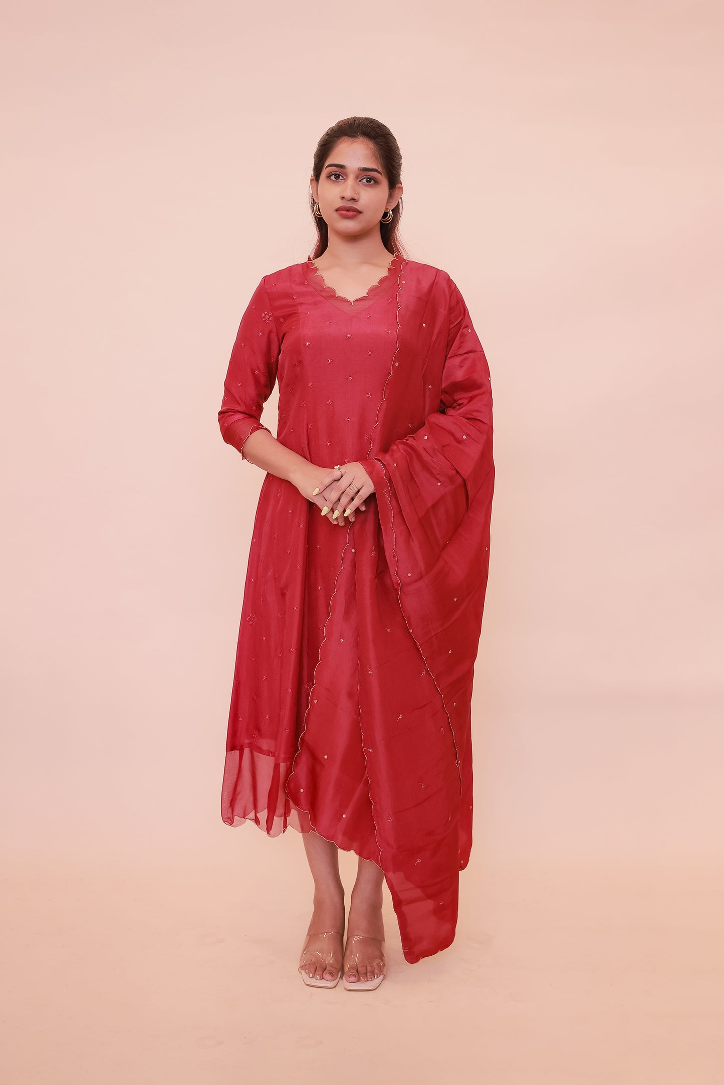 Red georgette dress with organza scallop neckline