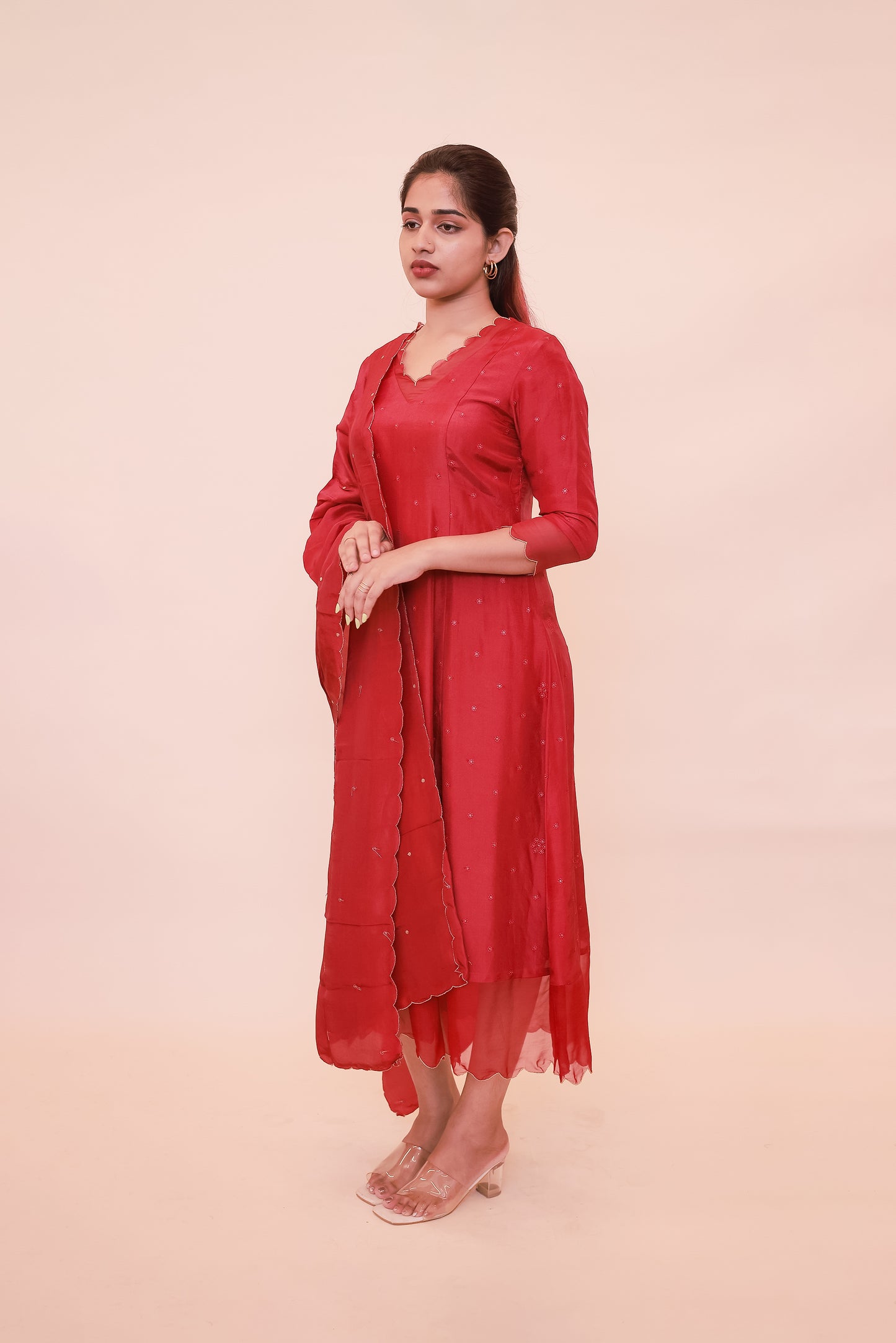 Red georgette dress with organza scallop neckline