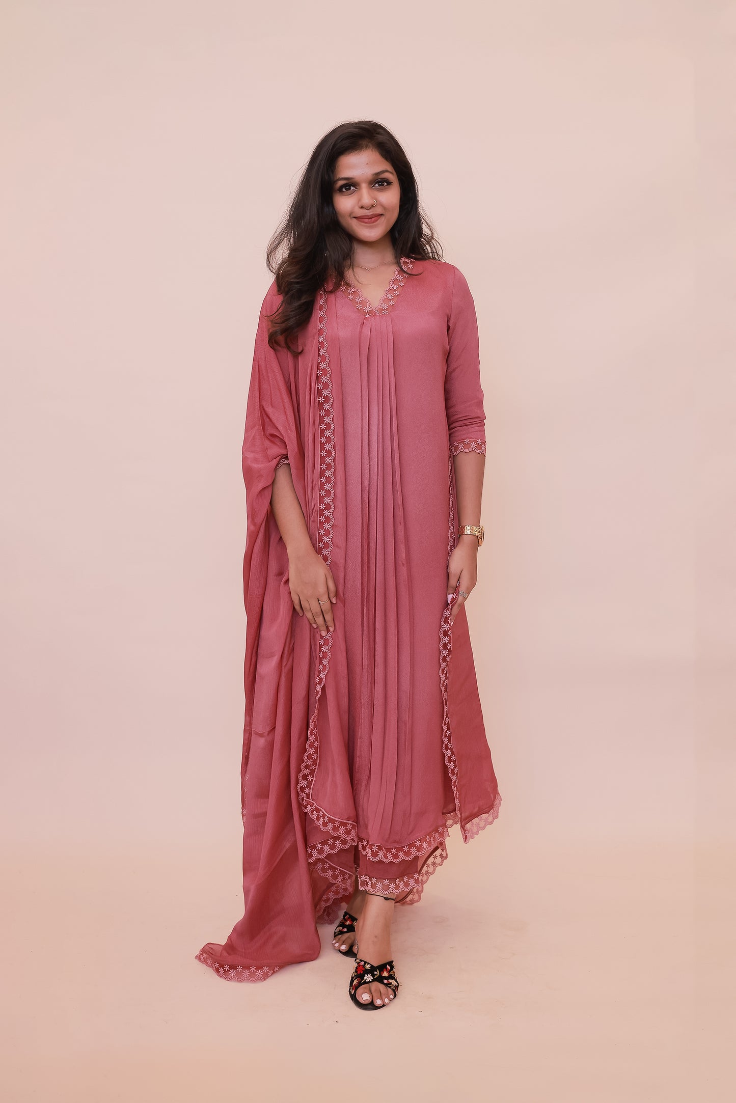 Dark pink crepe georgette dress with V neck, lace