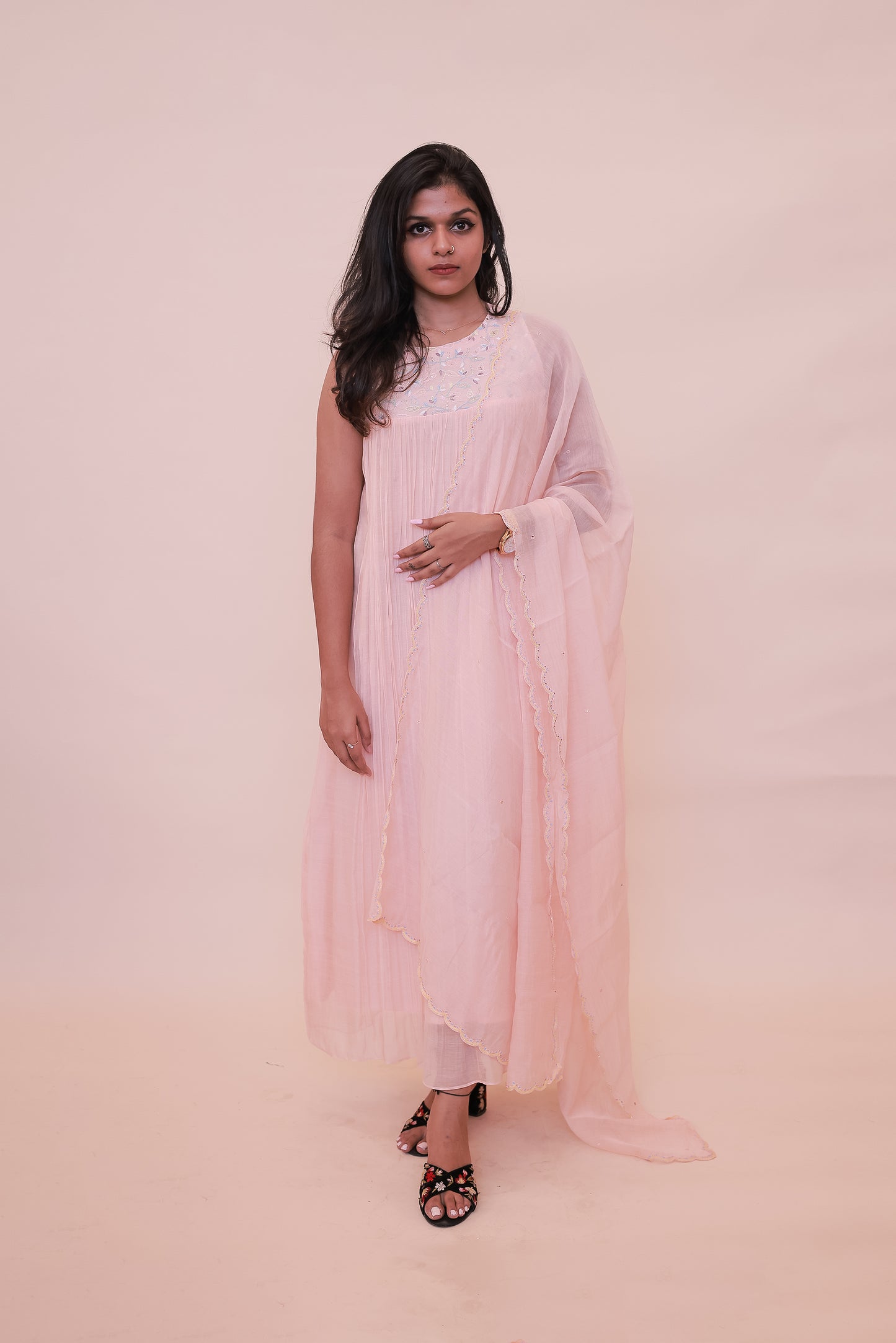 Pastel peach Chanderi dress and dupatta