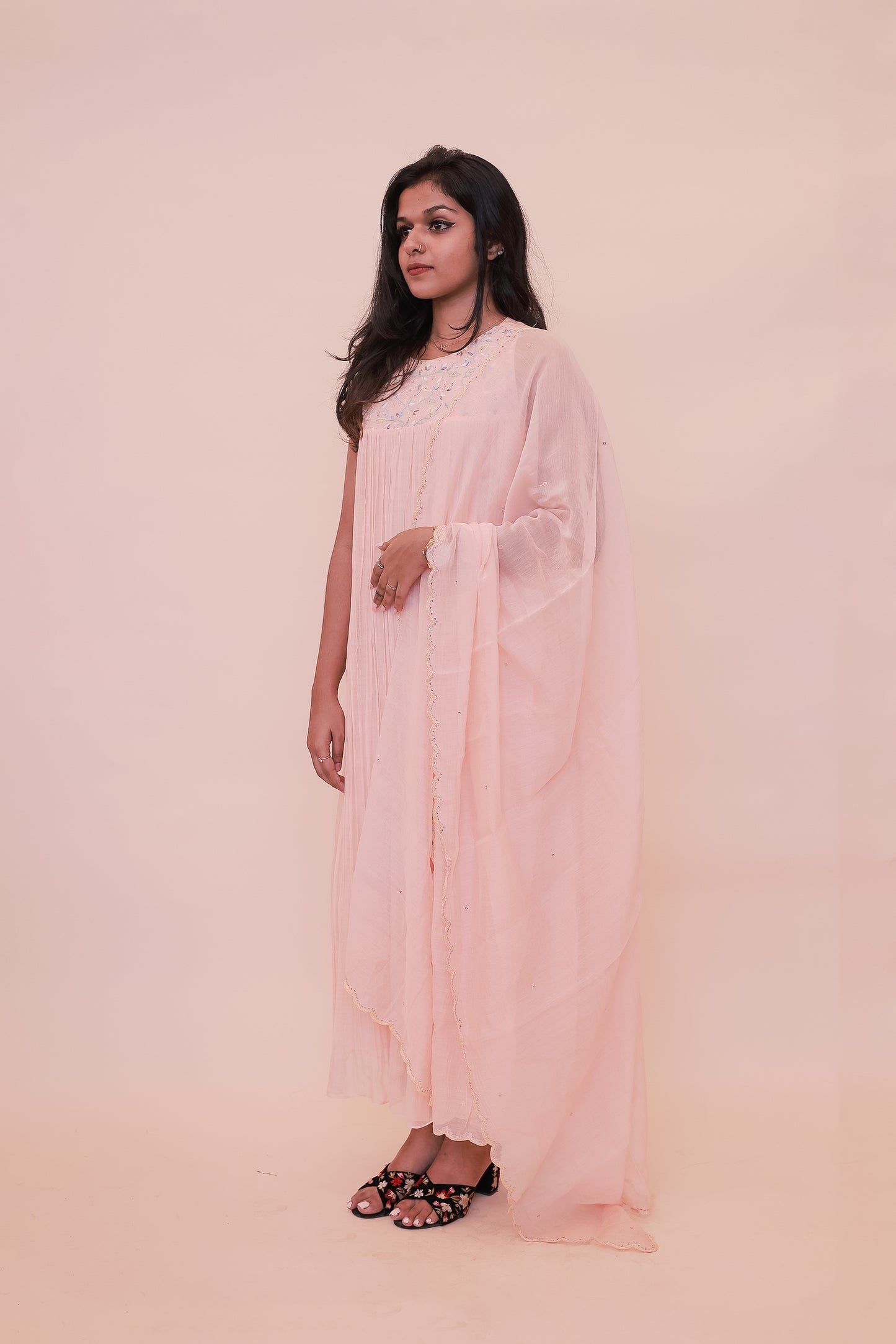 Pastel peach Chanderi dress and dupatta