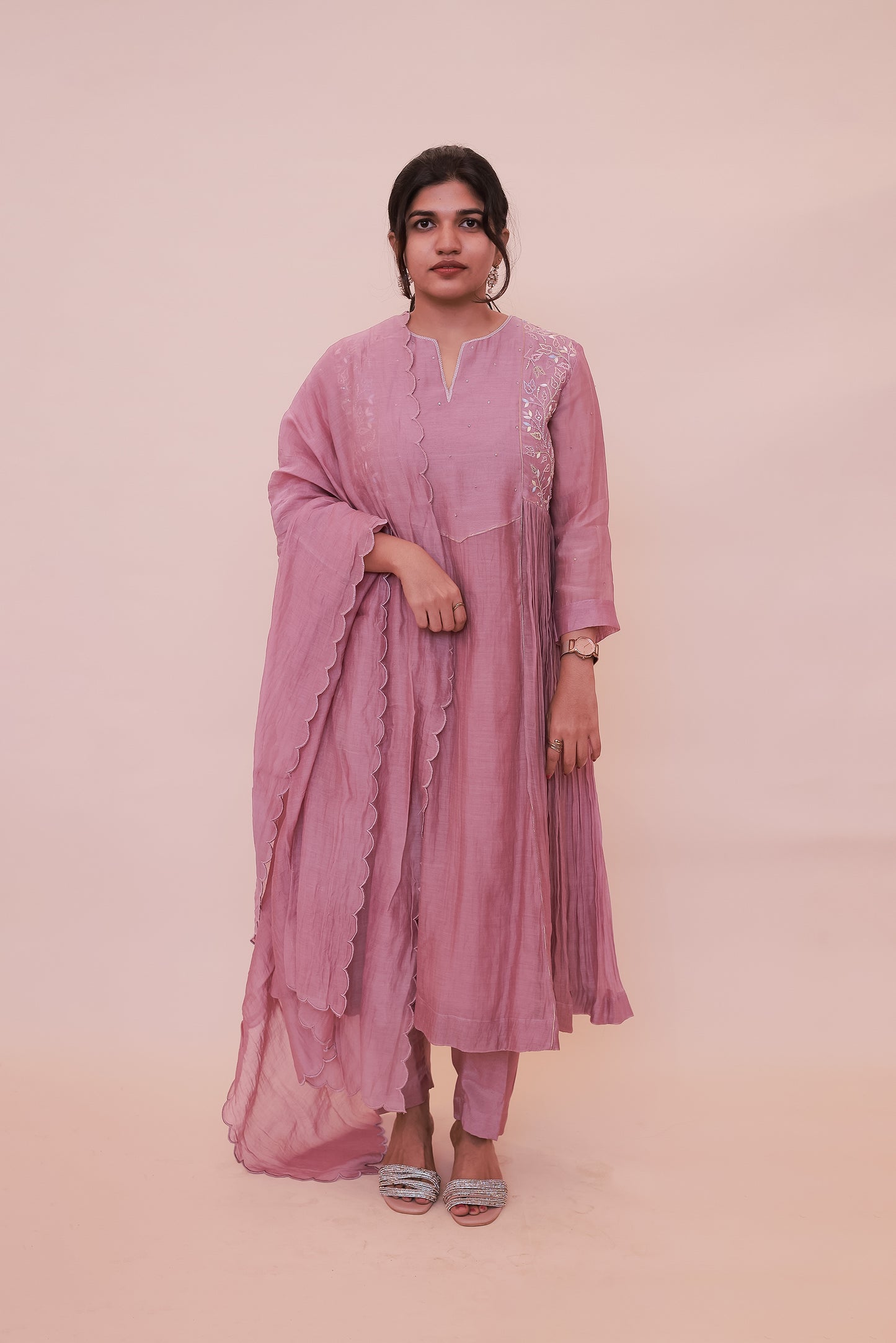 Onion pink with beads embroidery with pants and dupatta