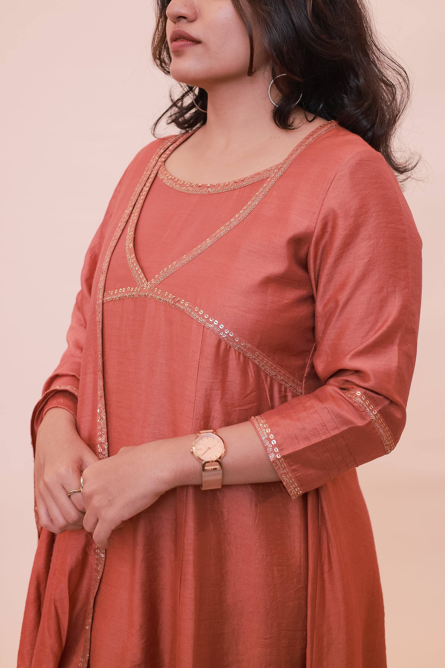 Orange dress in chanderi silk with gold sequins hand embroidery