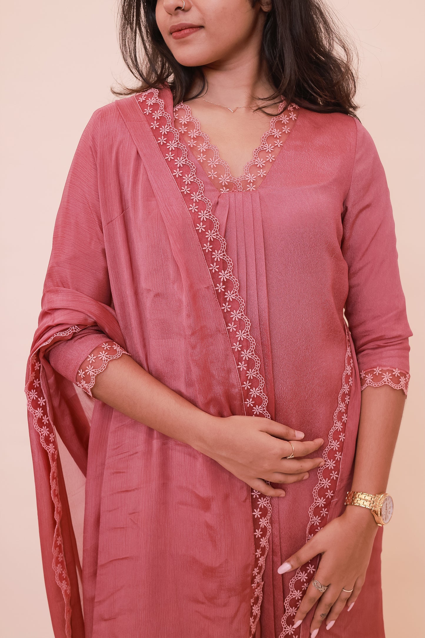 Dark pink crepe georgette dress with V neck, lace