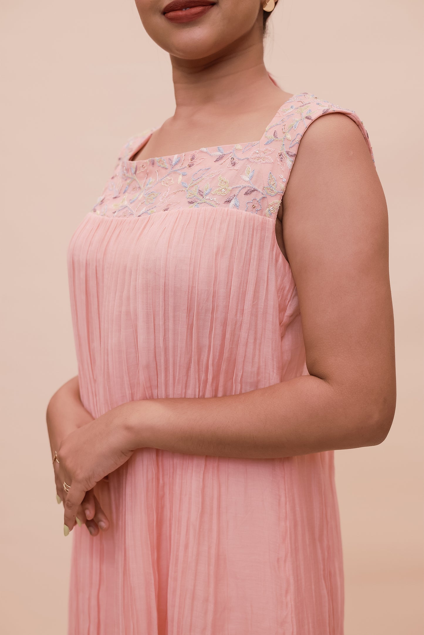 Coral wide-neck Chanderi dress and pants