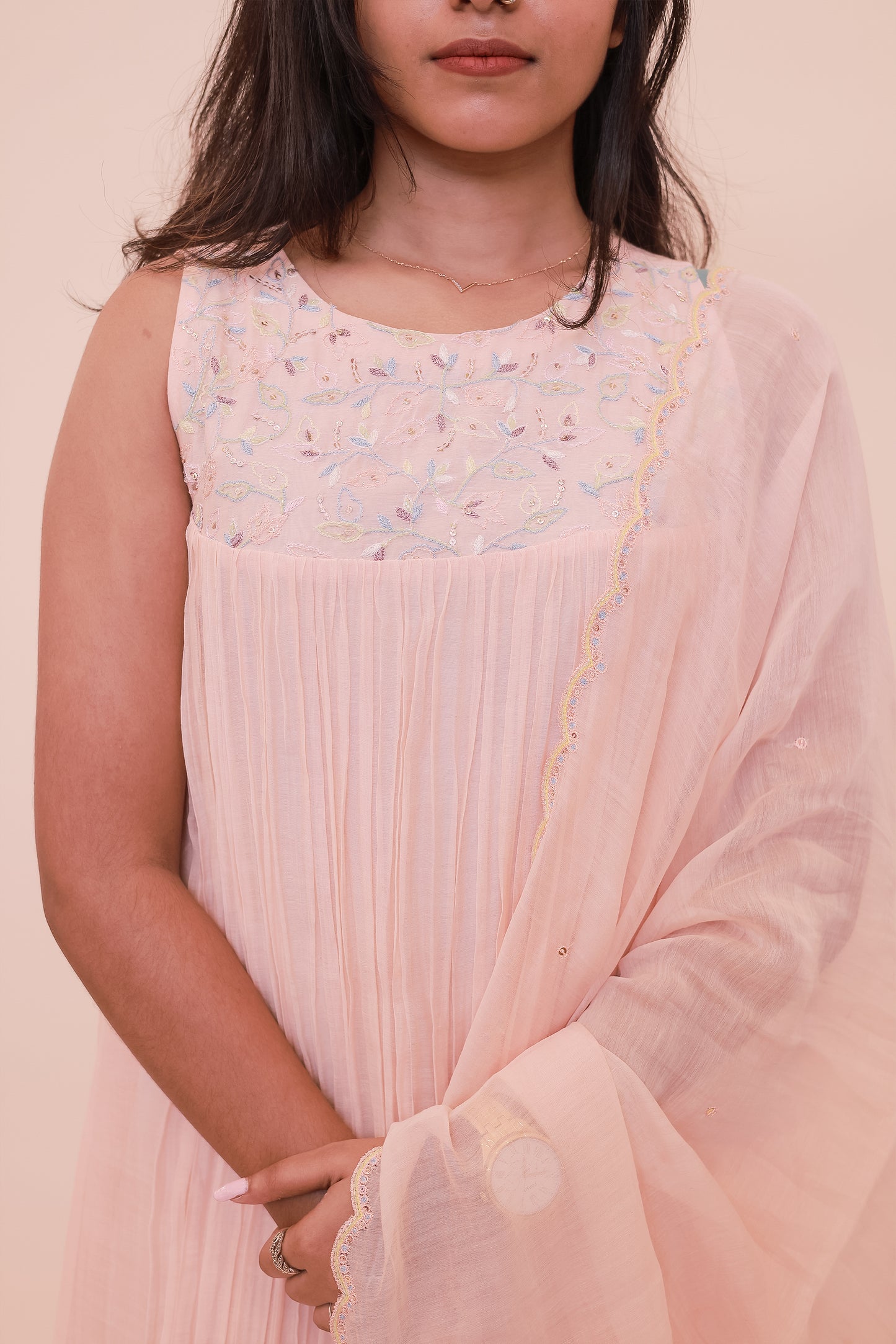 Pastel peach Chanderi dress and dupatta