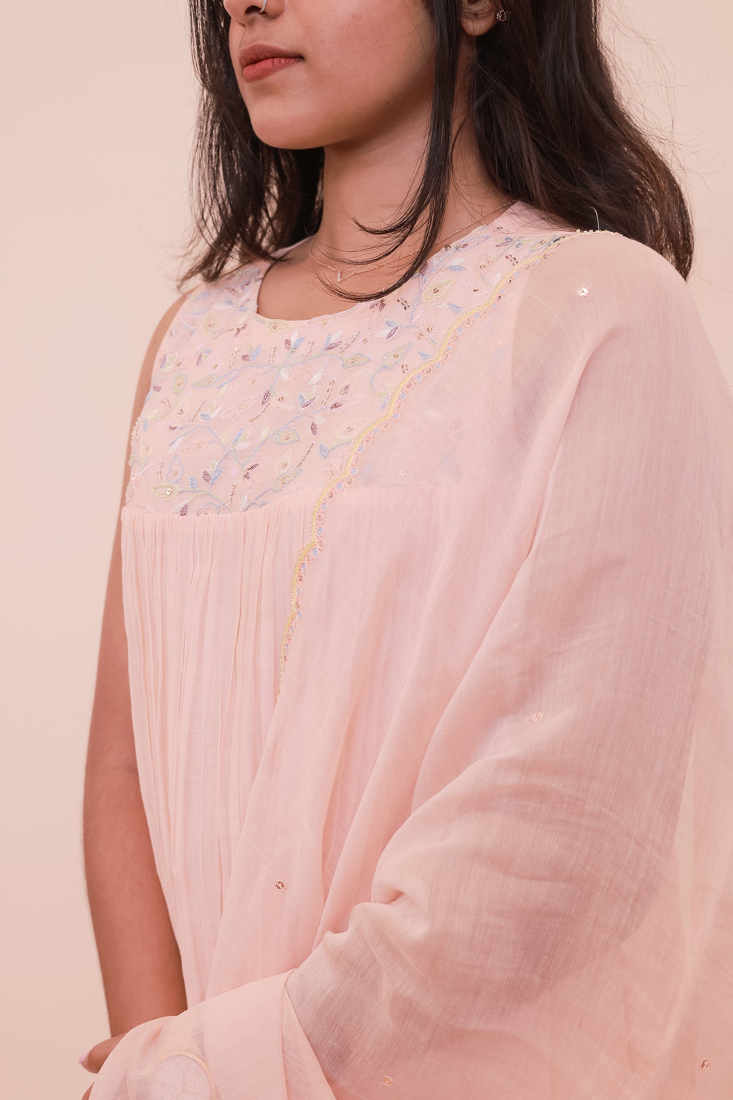 Pastel peach Chanderi dress and dupatta