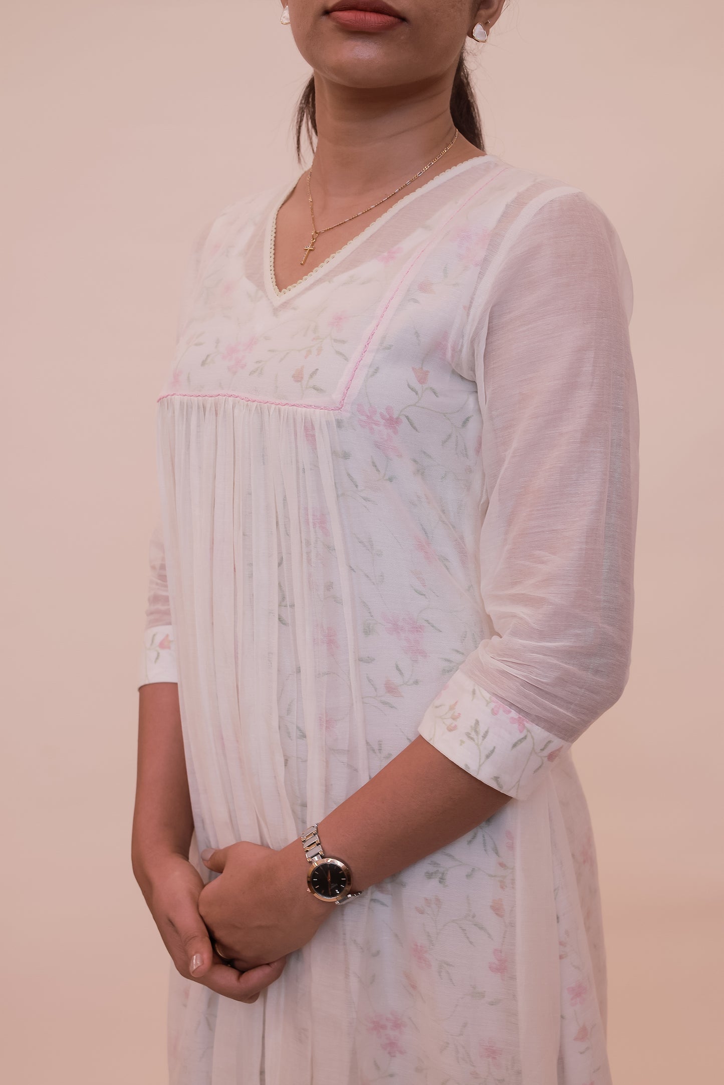 White Chanderi dress with floral inner