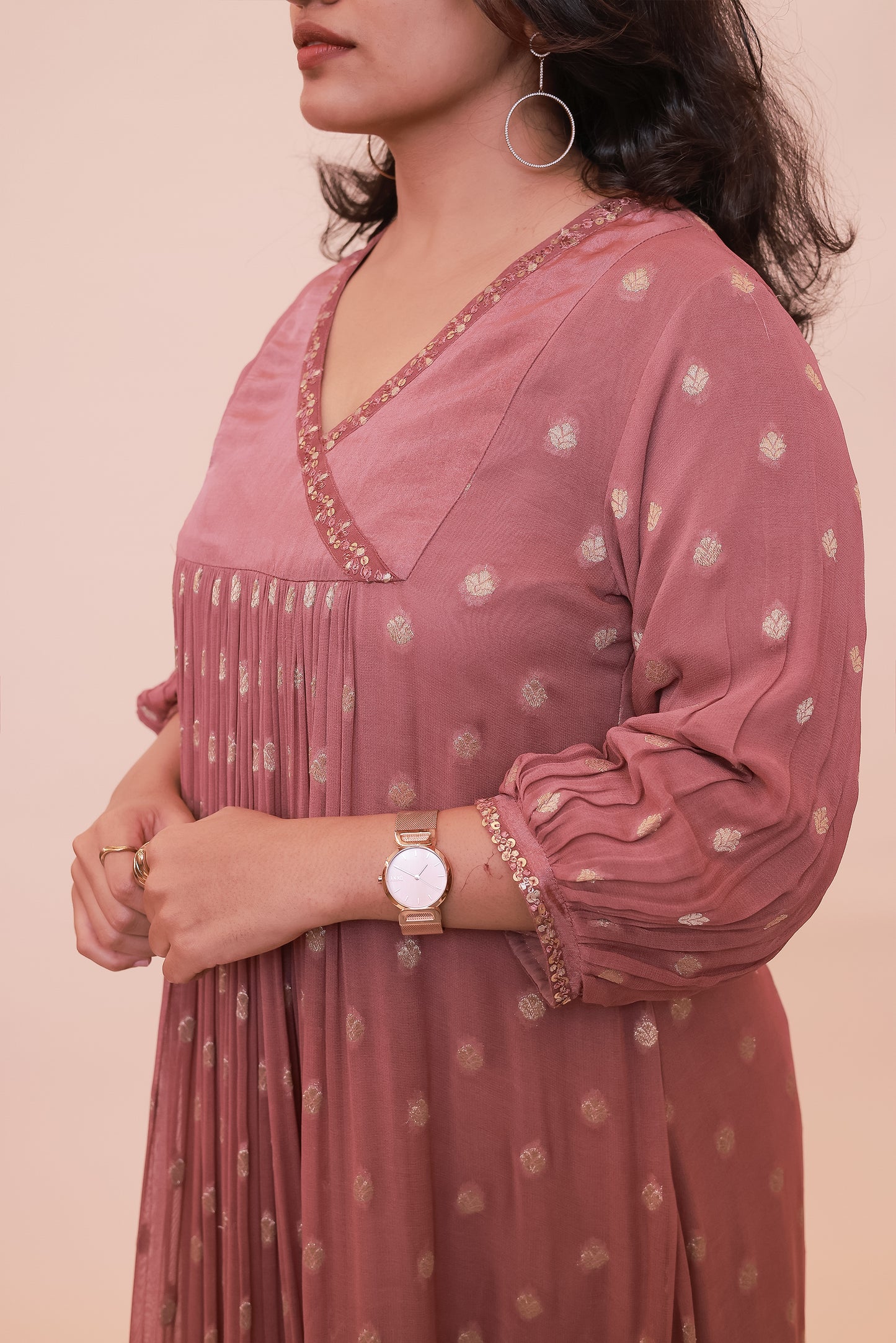 Dusty rose v-neck brocade dress