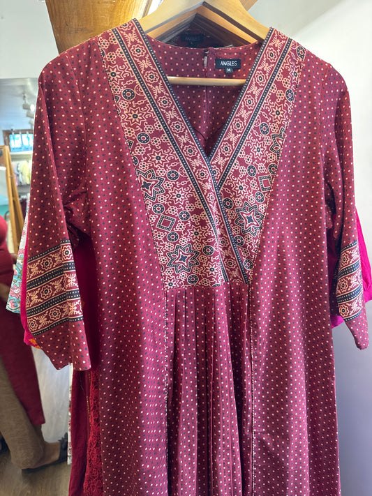 Maroon cotton with dots, overlap v neck,  dress chest size 36,38,40