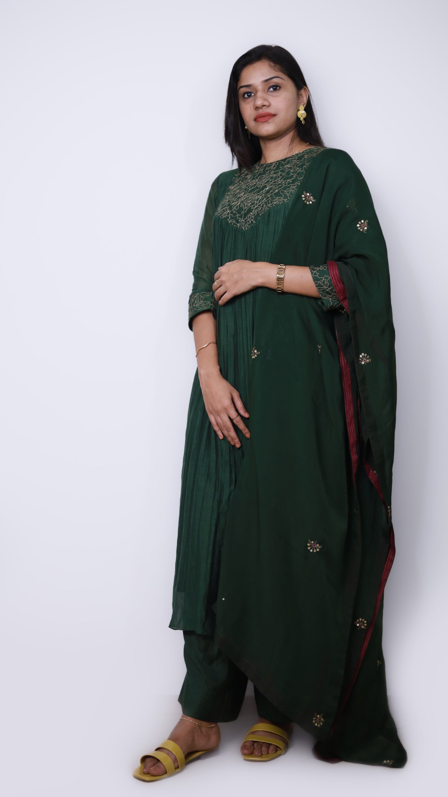 Bottle green Chanderi full set party wear