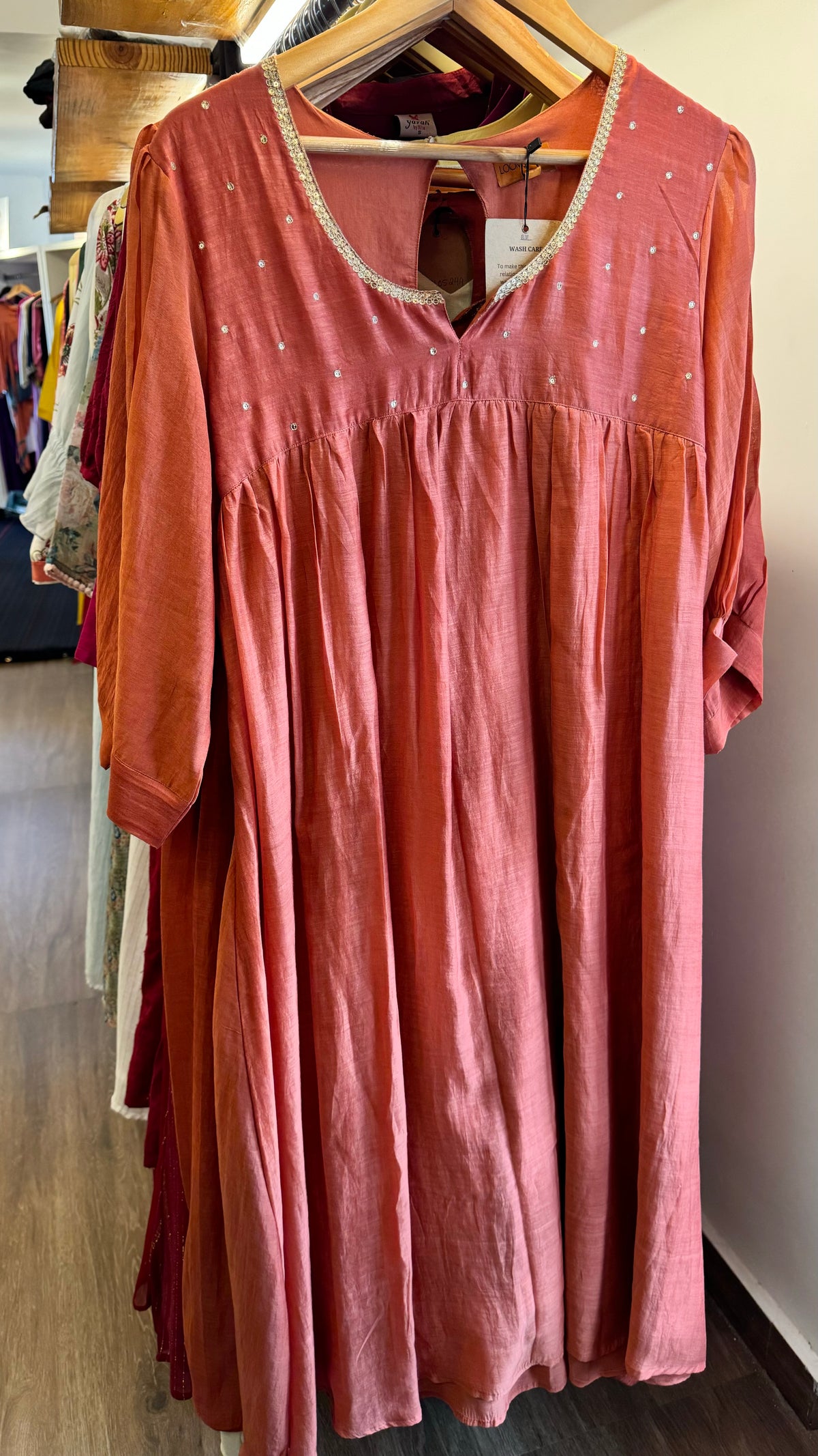 Carrot Orange Mul Chanderi Dress With Golden Sequins Work On Neckline carrot-orange-mul-chanderi-dress-with-golden-sequins-work-on-neckline