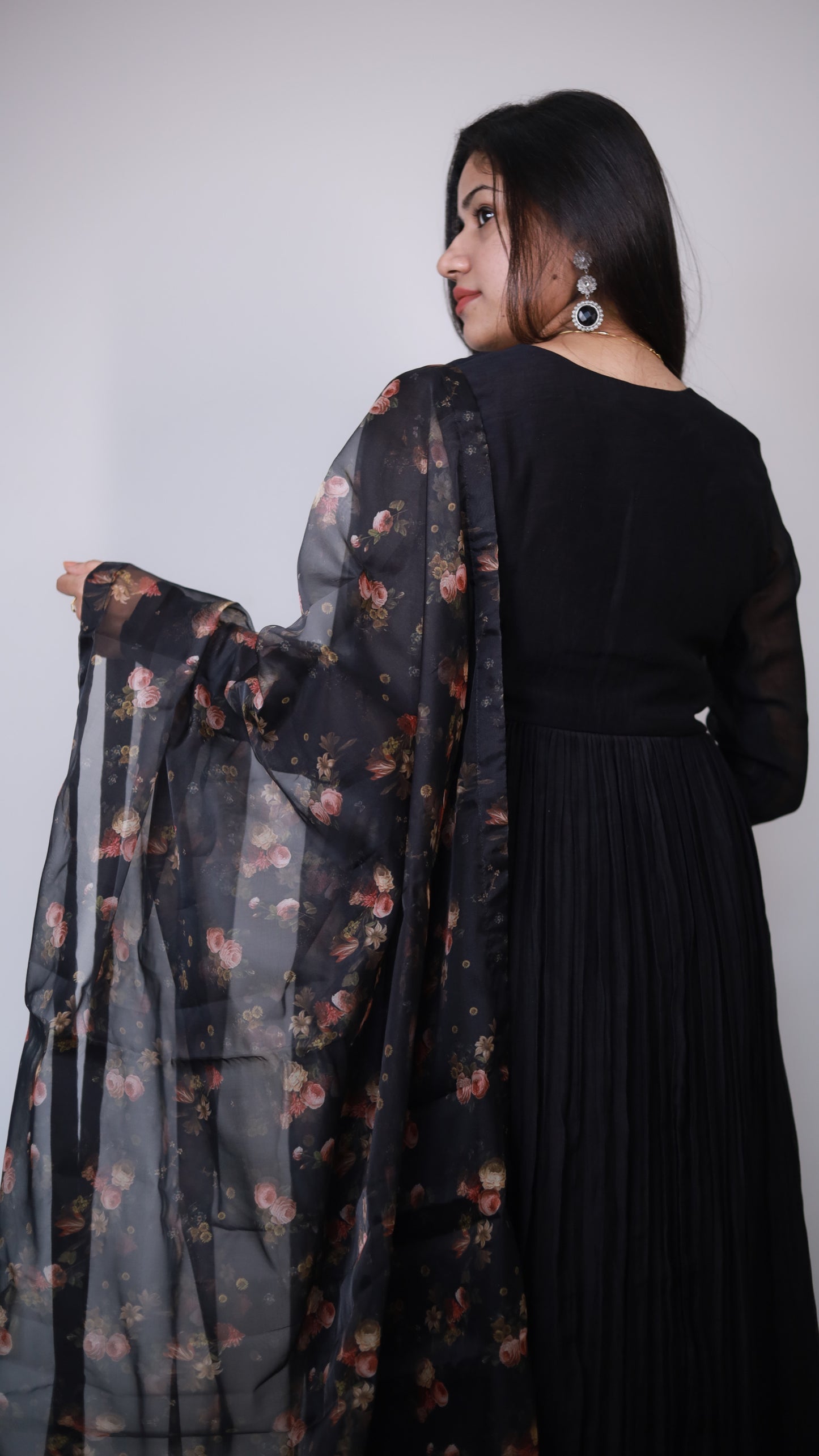 Black Chanderi Anarkali with printed organza dupatta