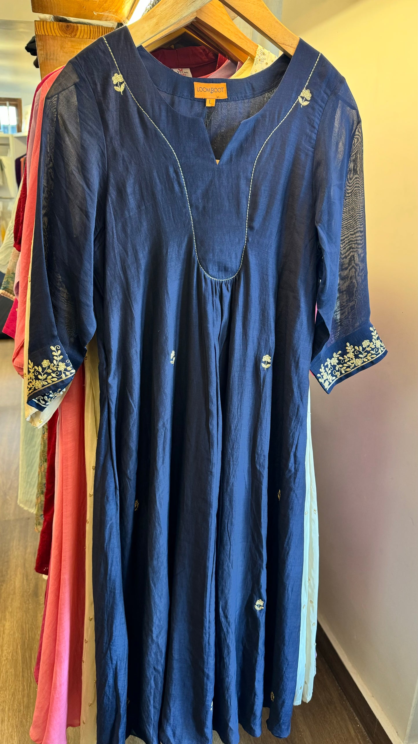 Navy blue dress golden work on yoke and sleeve ends